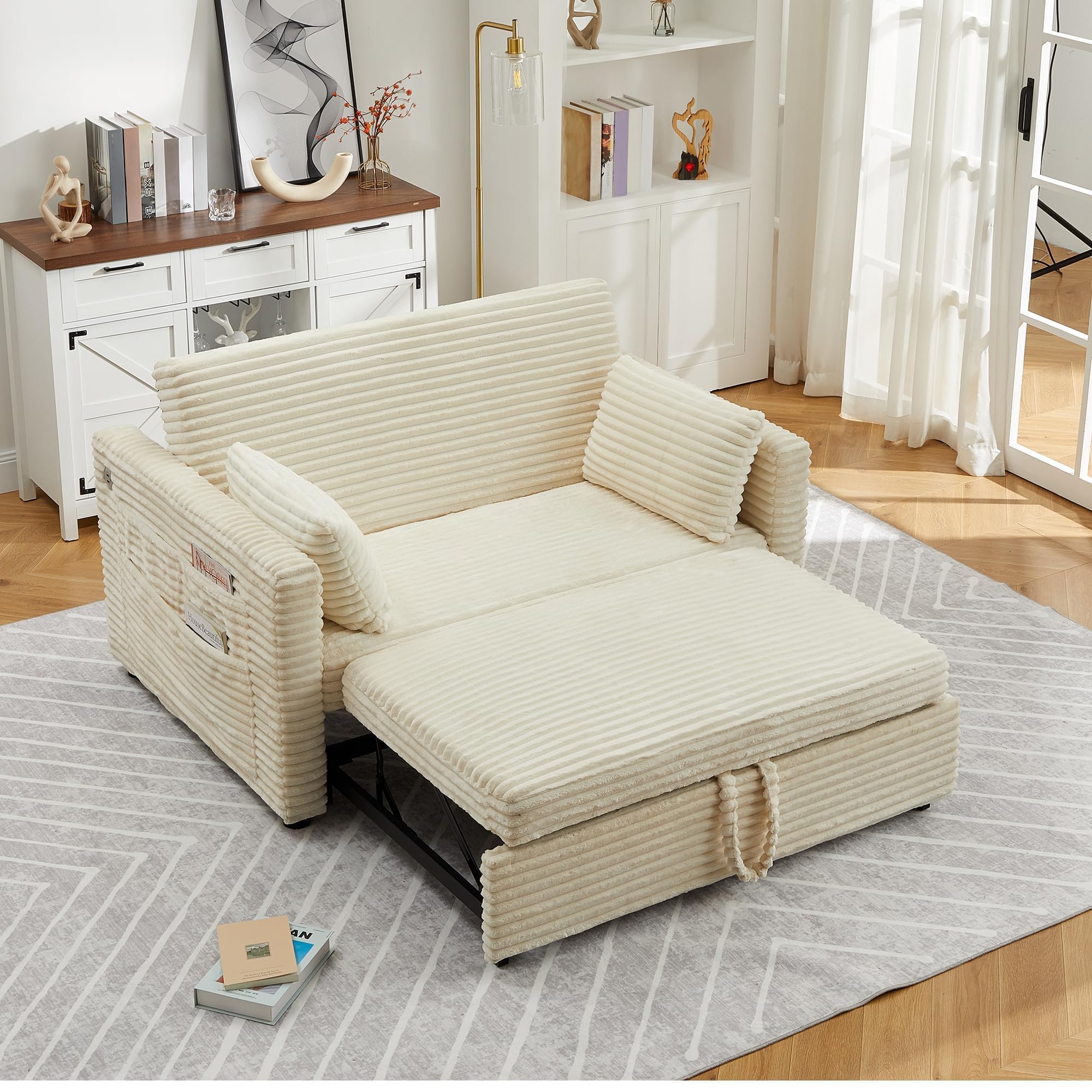 Garvee Multifunktionales Cord Schlafsofa mit Schlaffunktion – Ausziehbares 2-Sitzer Sofa – Verstellbare Rückenlehne, integrierte Ladestation & Seitentasche – Für Wohnzimmer, Schlafzimmer, Apartment –