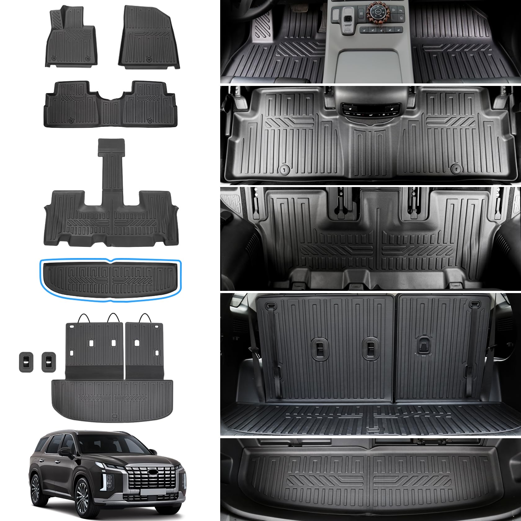 Floor Mats for 2020-2025 Hyundai Palisade, Trunk Mat with Backrest Mat and Lower Cargo Mat TPE Waterproof All Weather Protector Replacement for 2024 2025 Hyundai Palisade Accessories