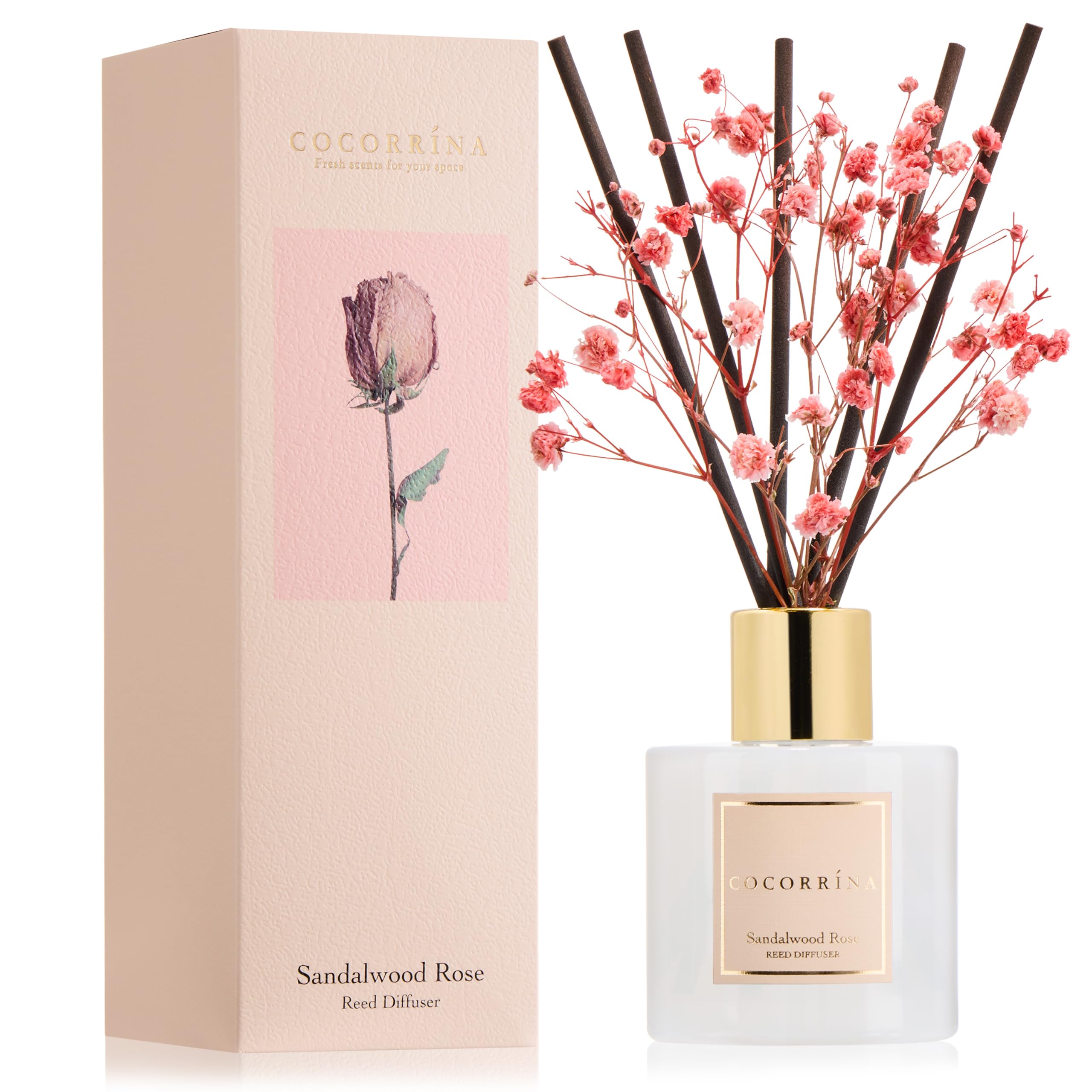 COCORRÍNA Reed Diffuser - Sandalwood Rose 3.38 fl oz Reed Diffuser for Bedroom Bathroom Home Décor