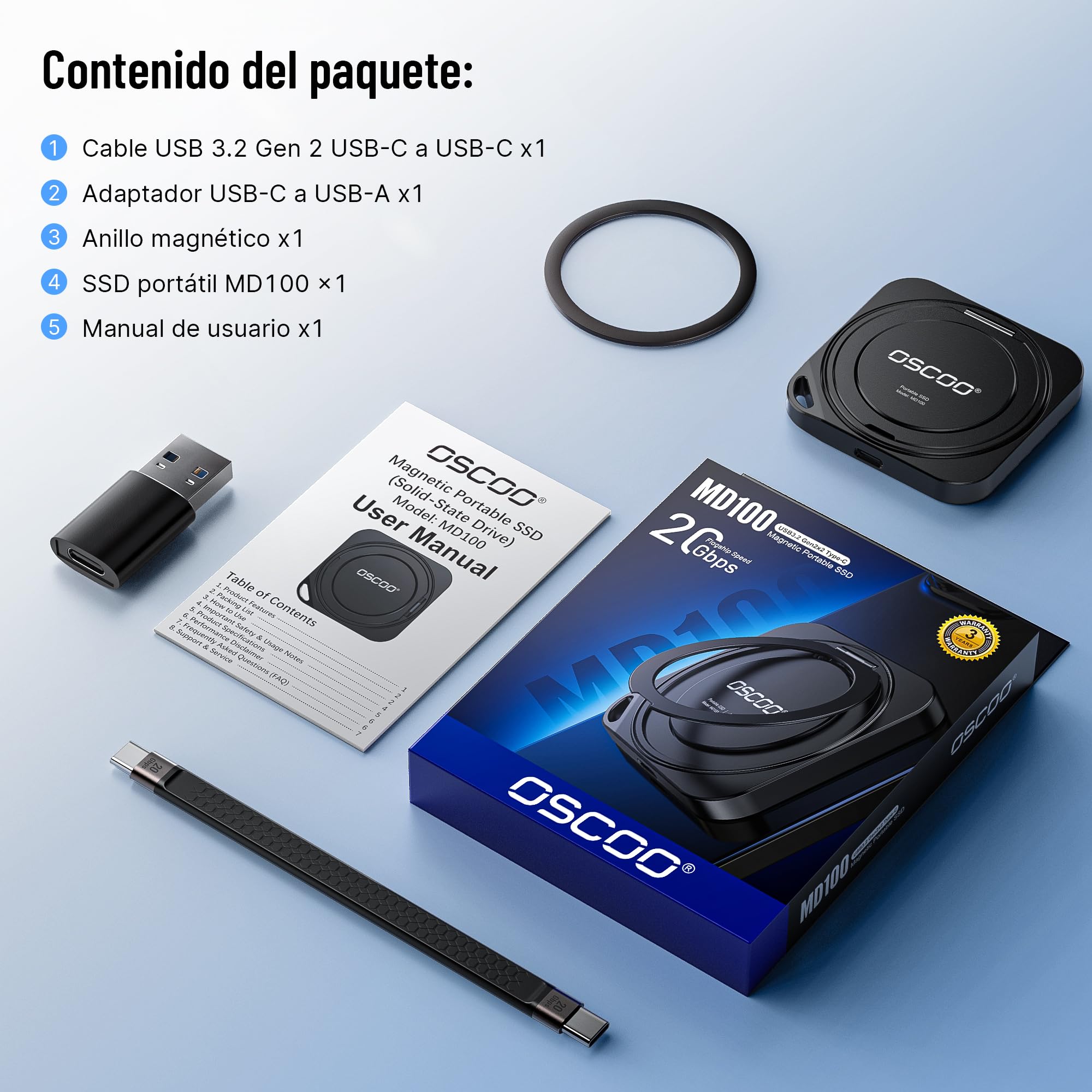 MD100 1TB SSD Magnético Portátil 2000MB/s USB-C | SSD externo USB 3.2 Gen2, compatible con iPhone 15/16/17 ProRes 4K, Mac, PC, Android y tabletas. Ideal para juegos.