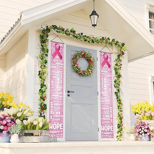Miniatura 3 de Cartel de concientización sobre el cáncer de mama, decoraciones para puerta de porche, pancarta para exteriores, esperanza y fe, cinta rosa para
