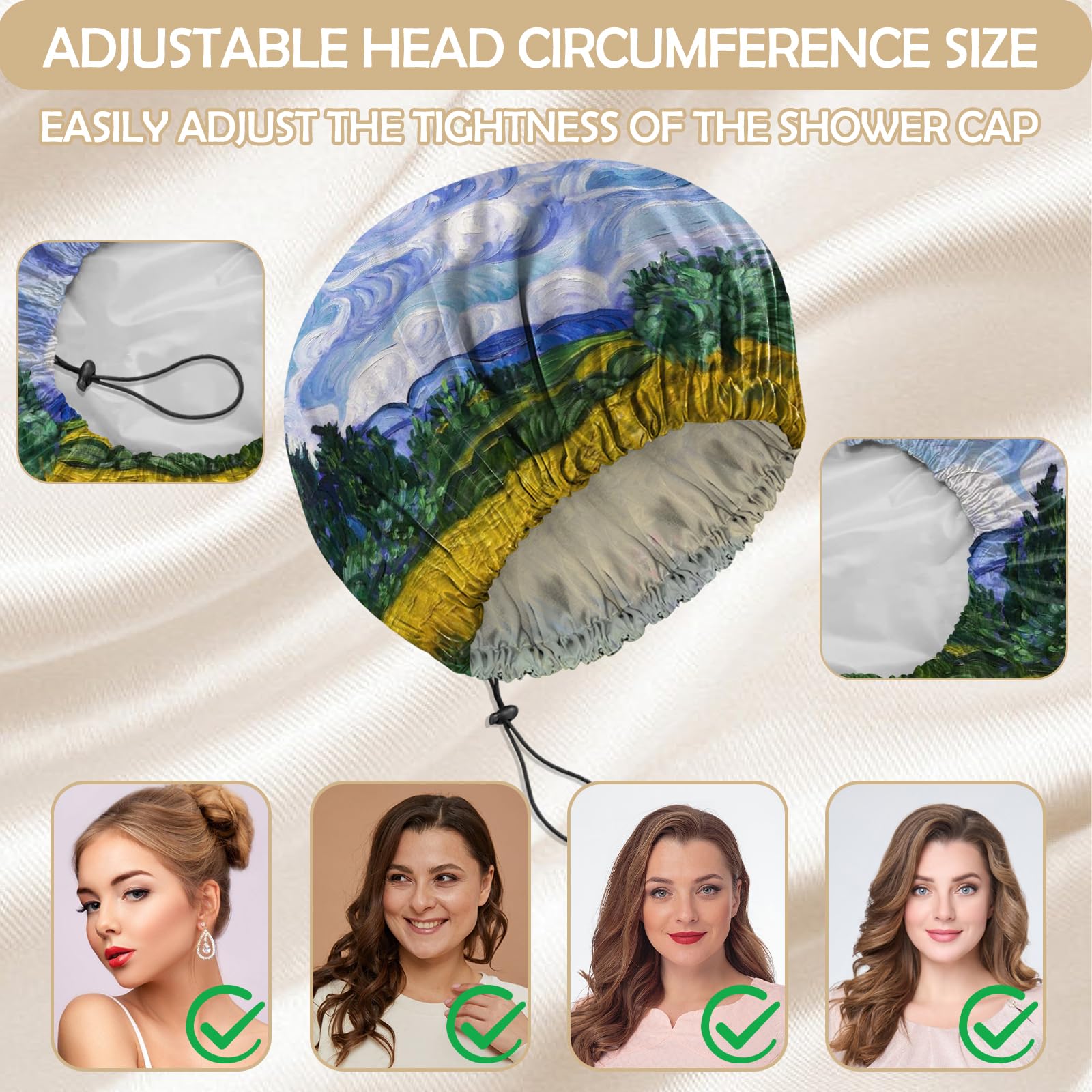 BHAHB 2 PCS Shower Cap Reusable Waterproof Double Layer Elastic Adjustable Hair Bath Caps Cute Aesthetic for Women Girls (V4-Green Blue) - Image 4