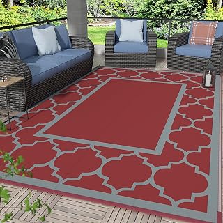 GENIMO 8x10 Waterproof Reversible Outdoor Rug for Patio, Deck, RV - Foldable Plastic Straw Mat Red & Grey