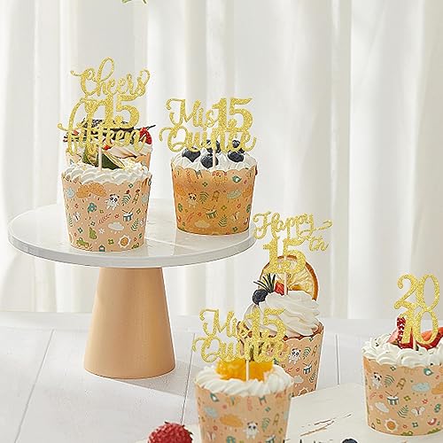 Miniatura 199 de Rsstarxi Paquete de 30 adornos para cupcakes de 15 cumpleaños con purpurina Mis Membrillo 15 desde 2010 Feliz 15º Cupcake Toppers Quince Cheers to