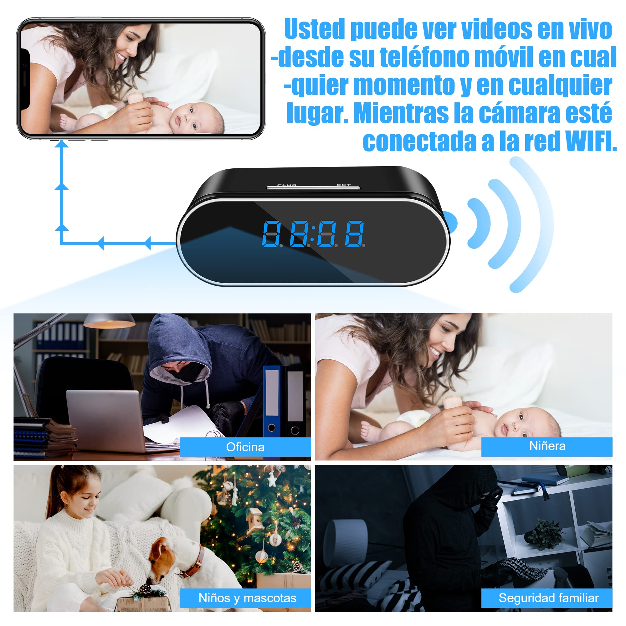 Reloj Mini Camara Espia Oculta vigilancia wifi interior 1080P - Black | HD 1080p,ángulo amplio de 140°,solo Wi-Fi 2,4G,visión nocturna,detección de movimiento,control por app,visualización remota