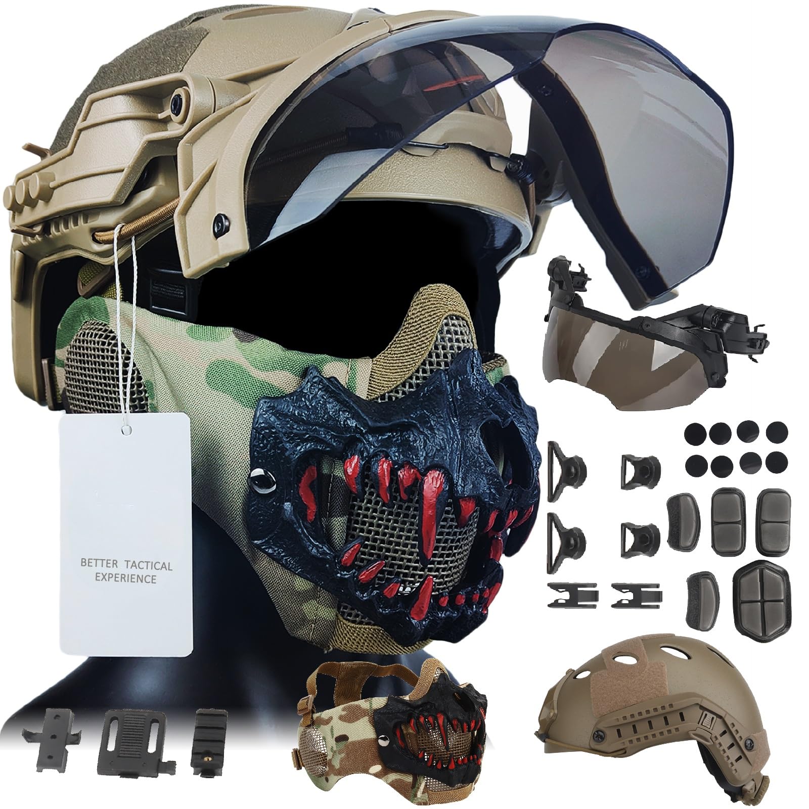 Airborne Helm-Set enthält taktischen Schnellhelm, Gesichtsschutz mit Ohrenschützern und Schienenmontage-Brille