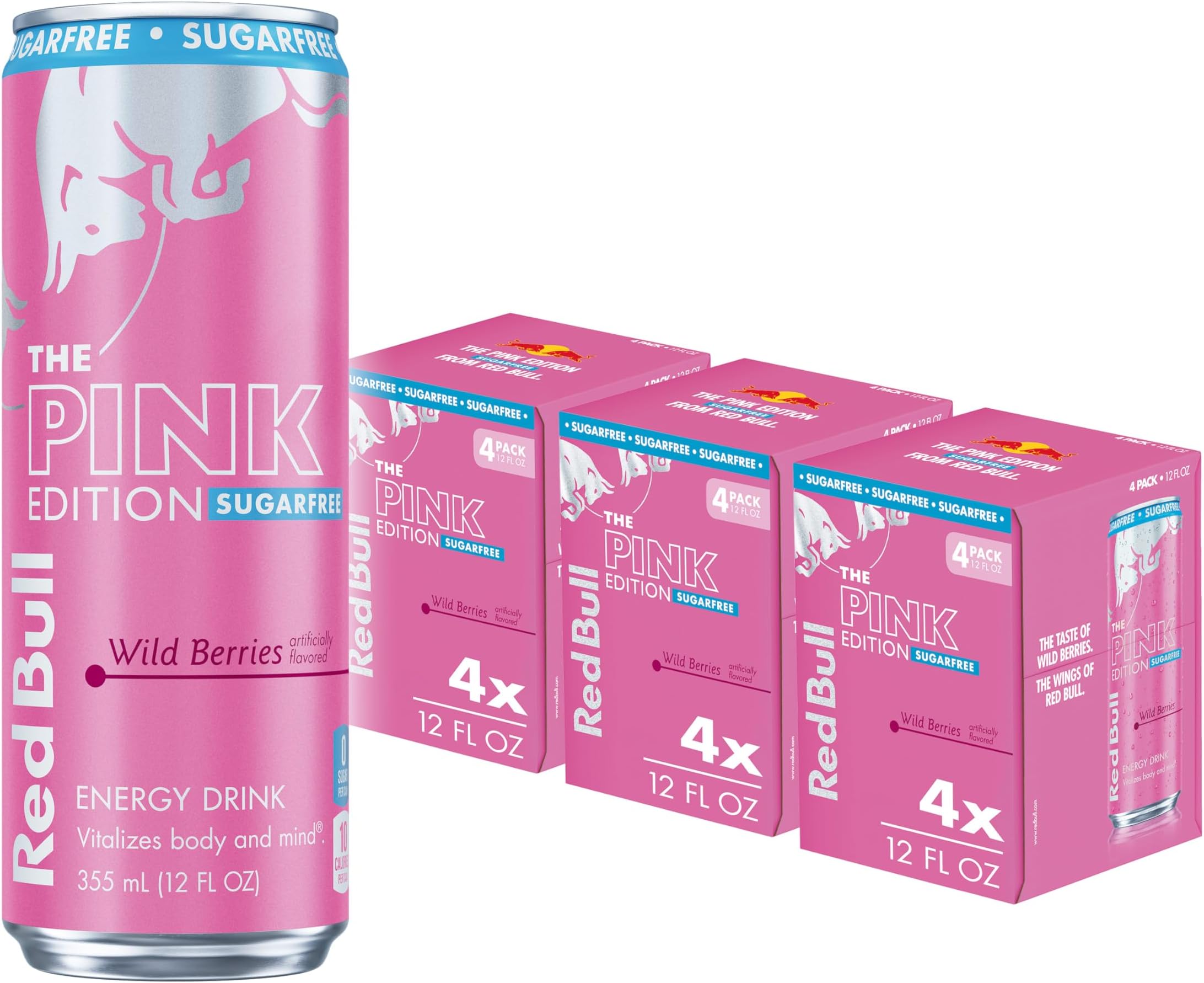 - Red Bull Sugar-Free Wild Berries, Pink Edition, with 114mg Caffeine plus Taurine & B Vitamins, 12 Fl Oz, Pack of 12 Cans