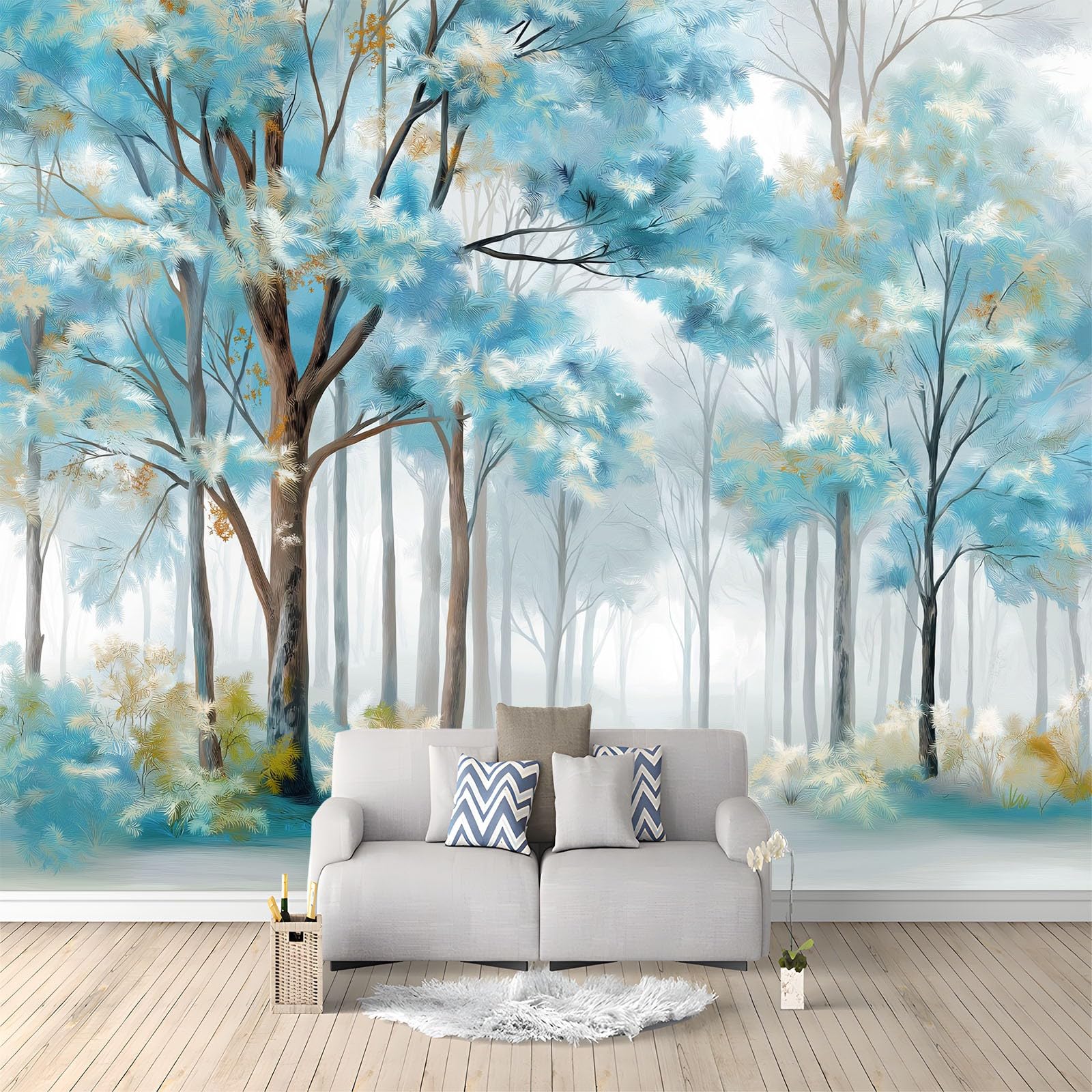 Fototapeta z włókniny 200 x 140 cm, skandynawski las, gałęzie, mglisty, granatowy, tapeta ścienna do salonu i sypialni, jakość premium, dekoracja ścienna