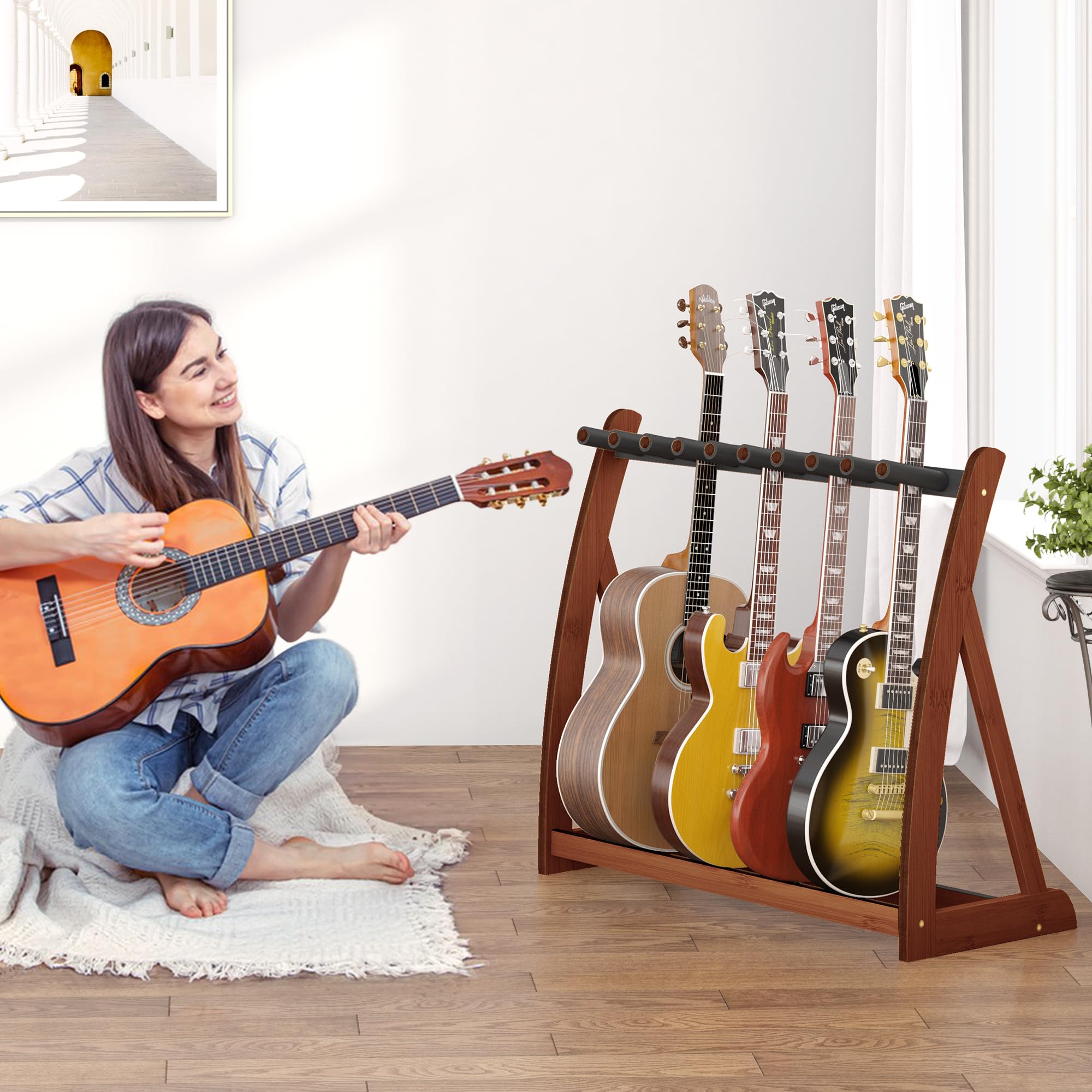 Gitarrenständer, Gitarrenständer für mehrere Gitarren, Boden für Elektro-, Akustik-, Bassgitarren und Koffer, faltbar, verstellbar, schützend mit rutschfester, kratzfester Polsterung, für Zuhause
