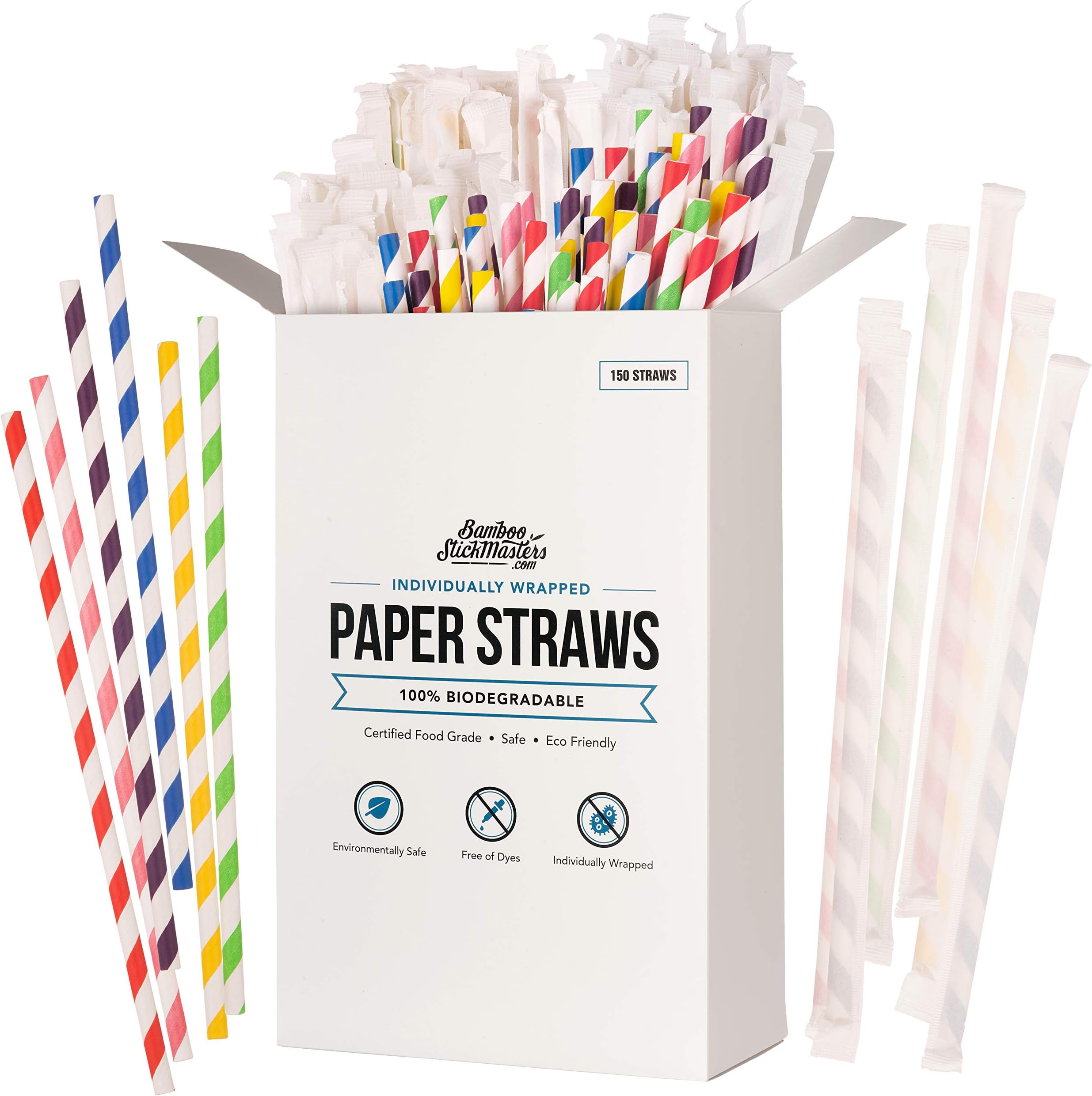 150 Disposable,Biodegradable Paper Drinking Straws, Plastic Free Straws for Parties, Birthdays, Weddings, DIY Decorations 6 Bright Colours Eco-Friendly