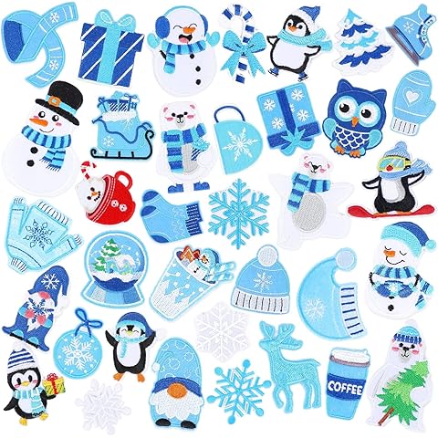 36pcs Winter Iron On Patches Xmas Embroidered Sew Applique Repair Patch Cute Snowflake Snowman Polar Bear Penguin Tree Wreath Candy Cane DIY Crafts for Clothing Jacket Jeans Pants Dress Backpack Hat