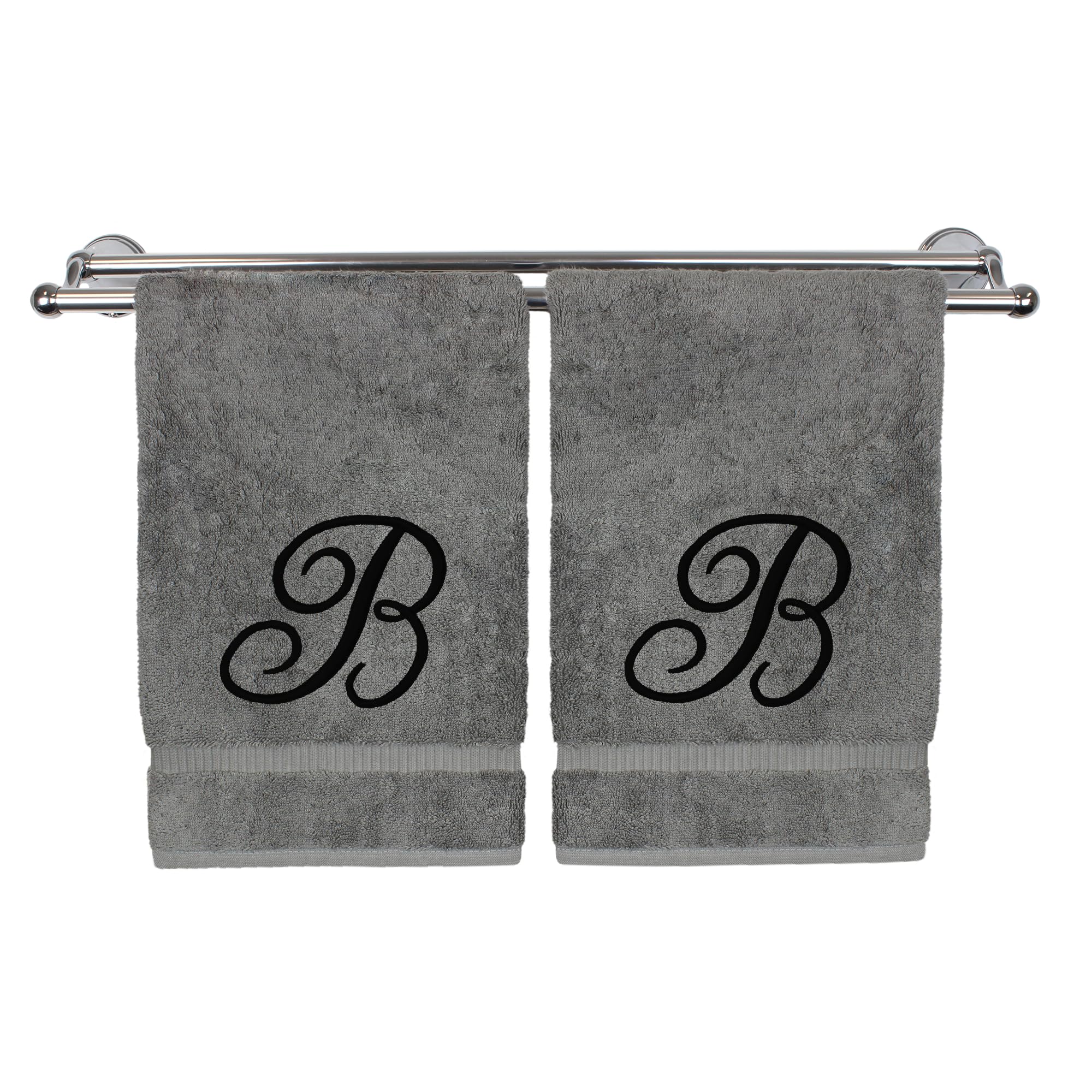 Monogrammed Hand Towel, Personalized Gift, 16 x 30 Inches - Extra Absorbent 100% Turkish Cotton- Soft Terry Finish - for Bathroom, Kitchen and Spa - Set of 2 Black Script Embroidered Towel B on Gray