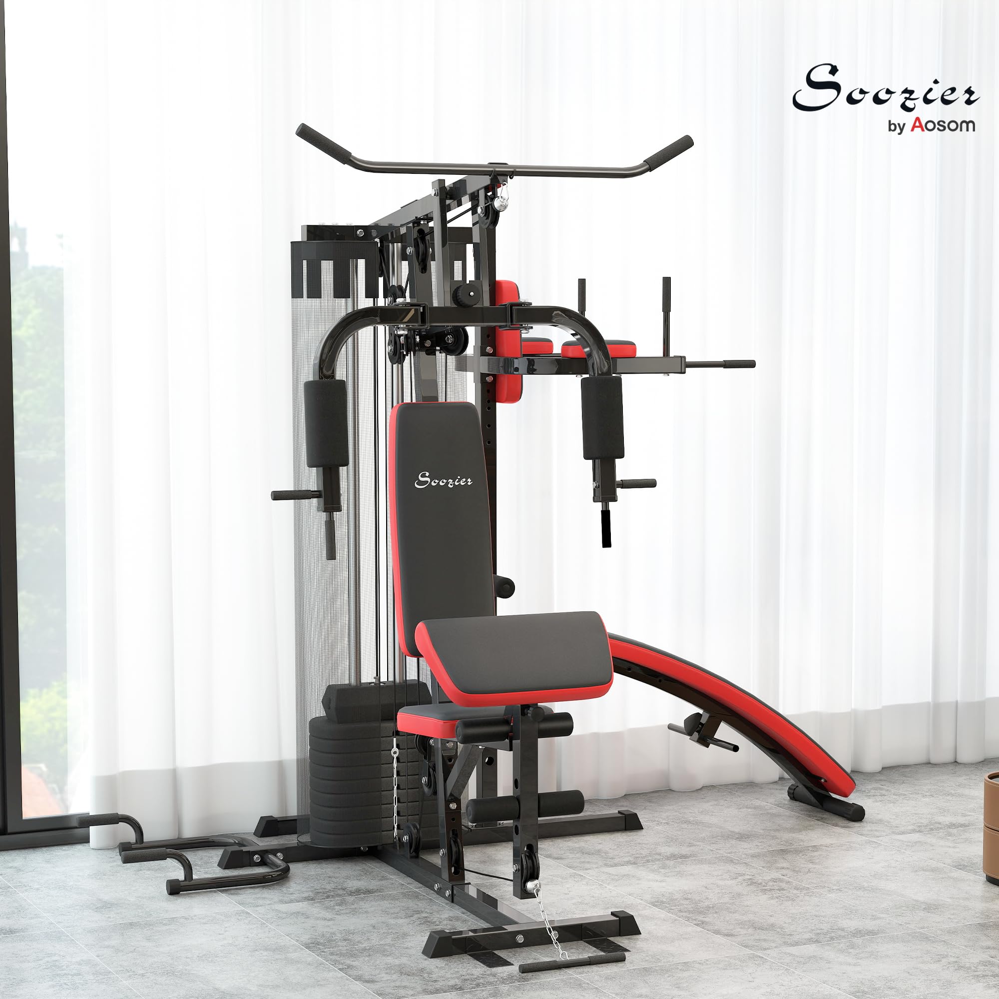 SPORTNOW Máquina Multiestación Musculación para Casa Ajustable Multiestación de Musculación con Placas de Peso 45 kg para Fitness Entrenamiento en Gimnasio Hogar 225x175x200 cm Negro