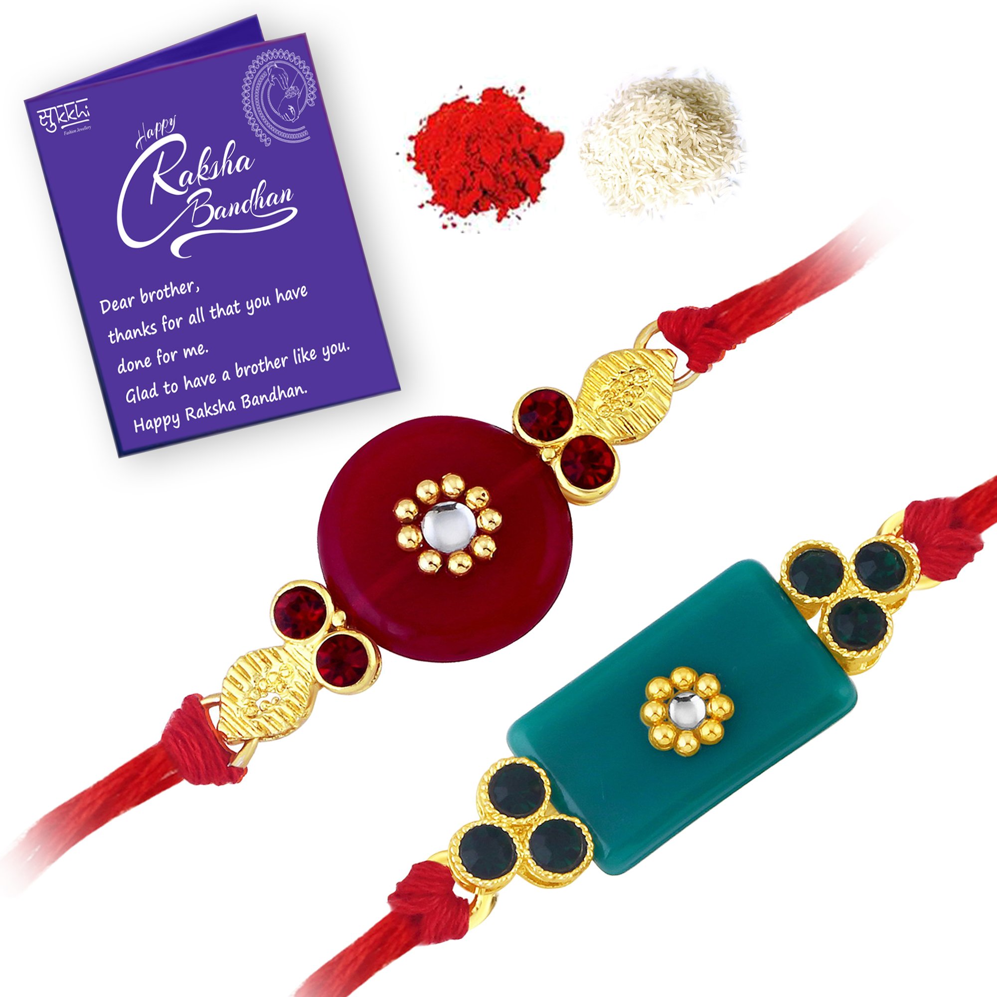 Sukkhi Rakhi Adorable Kundan Rakhi Combo & Designer Gold Plated Premium Rakhi for Brother, Roli Chawal & Greeting Card|Rakhi for Bhaiya|Rakhi for MEN|Kundan Rakhi|Rakhi Combo-Set of 2 |CB73445) (B07FMC5DK7) Amazon Price History, Amazon Price Tracker