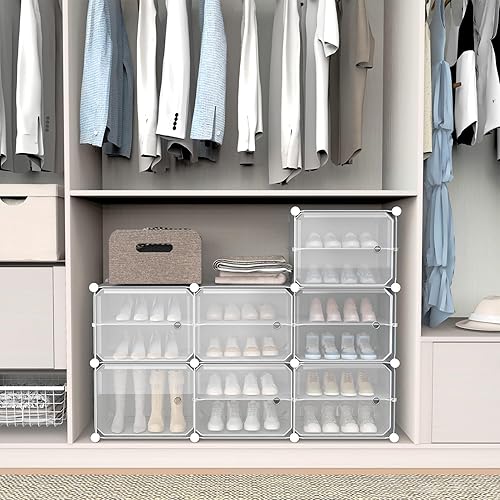 Miniatura 4 de Zapatero portátil con cubiertas, 48 pares de almacenamiento de zapatos con puertas, estante apilable para zapatos, organizador de zapatos para