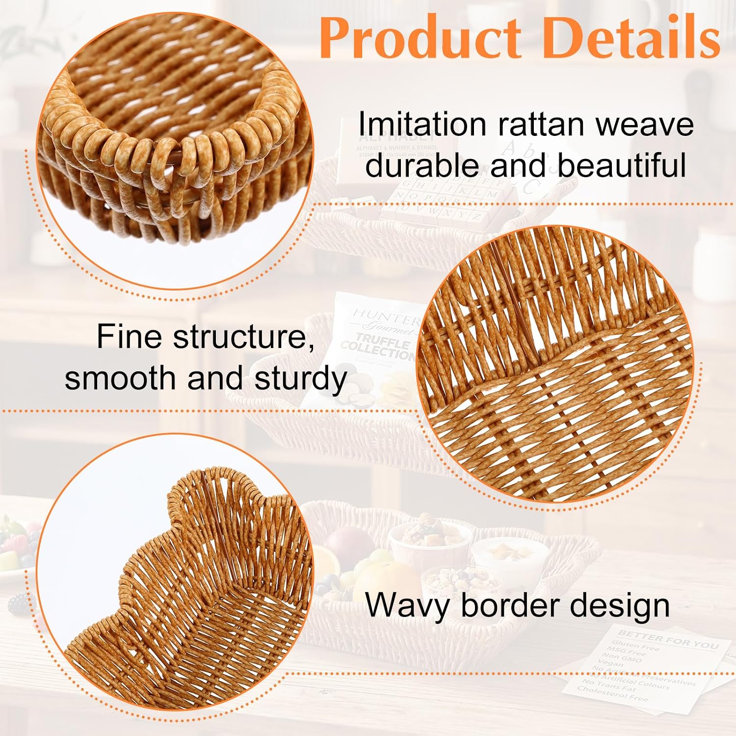 3 Pack Poly Wicker Bread Baskets, Rectangular Woven Serving Baskets, Imitation Rattan Basket Nested Wicker Basket Trays for Serving Restaurant Hotel Kitchen Fruit Snack Food Storage, Light Brown