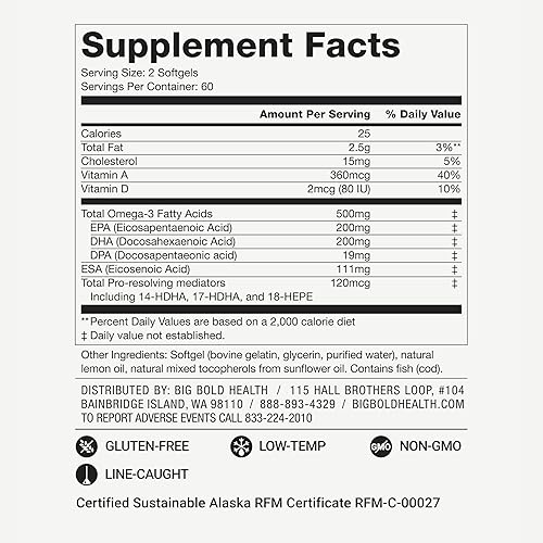 Miniatura 4 de Big Bold Health Dutch Harbor Omega Maintain Cápsulas blandas – Aceite de hígado de bacalao de Alaska prémium (120 unidades) – Suplemento omega-3 de
