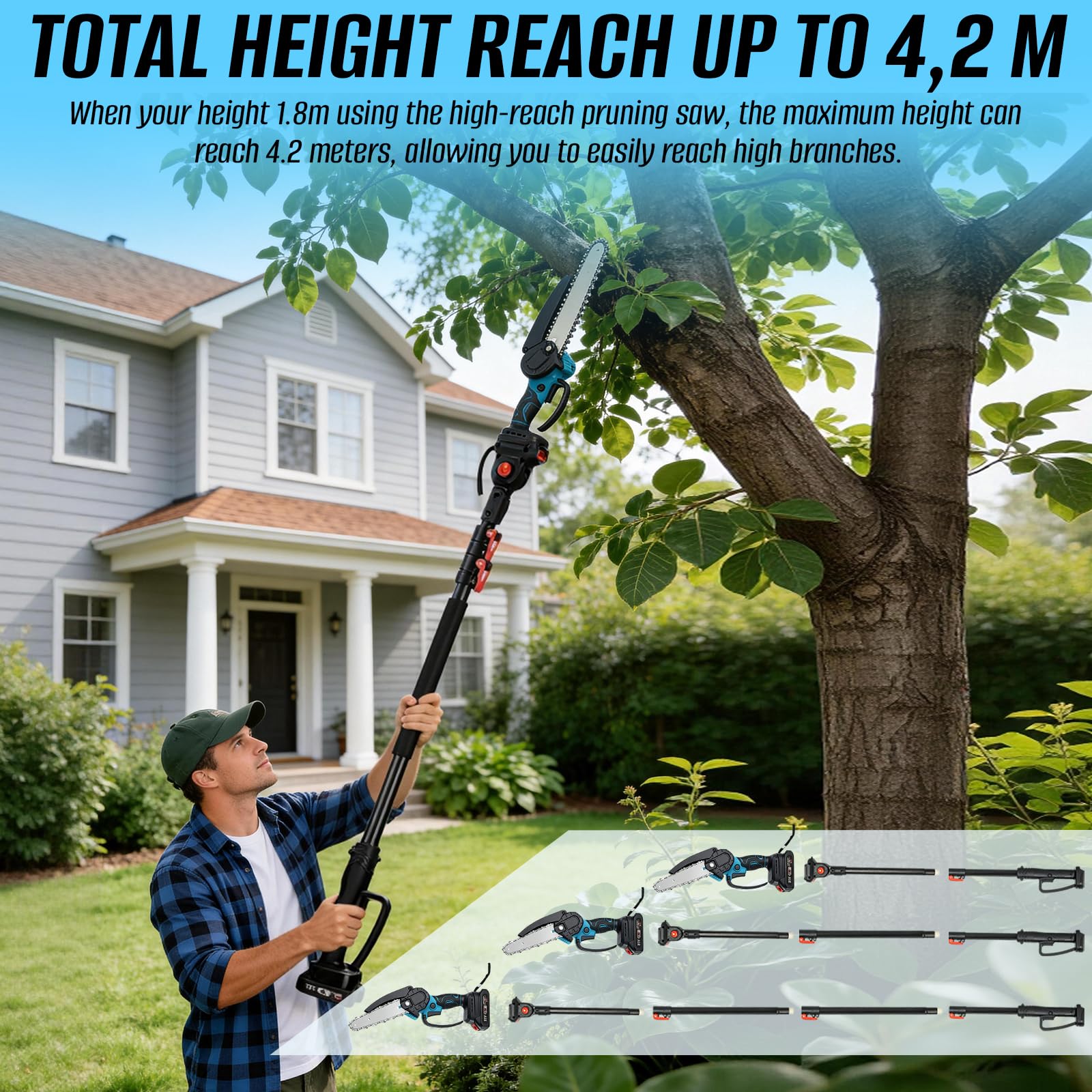 Mini Motosierra y Cortasetos a Batería 2 en 1, Motosierra Electrica Inalámbrica con 2 Baterías, Máximo de Hasta 4,2 m, Sierra de Poda Telescópica Eléctrica para Podar Arboles Patio de Jardín árboles