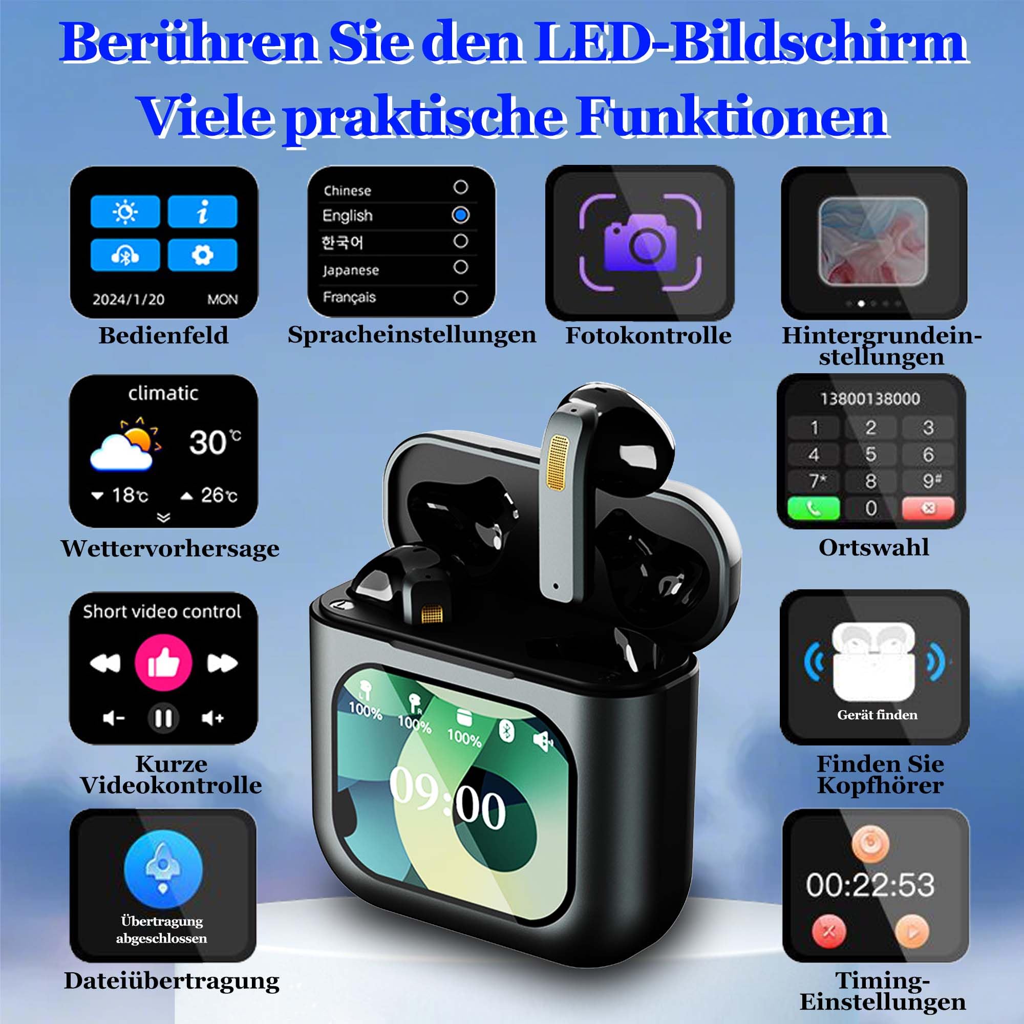 Auriculares in-ear Bluetooth, caja de carga inteligente con pantalla táctil, gran pantalla con cancelación de ruido, auriculares deportivos para juegos, dormir, auriculares de alta fidelidad, varios
