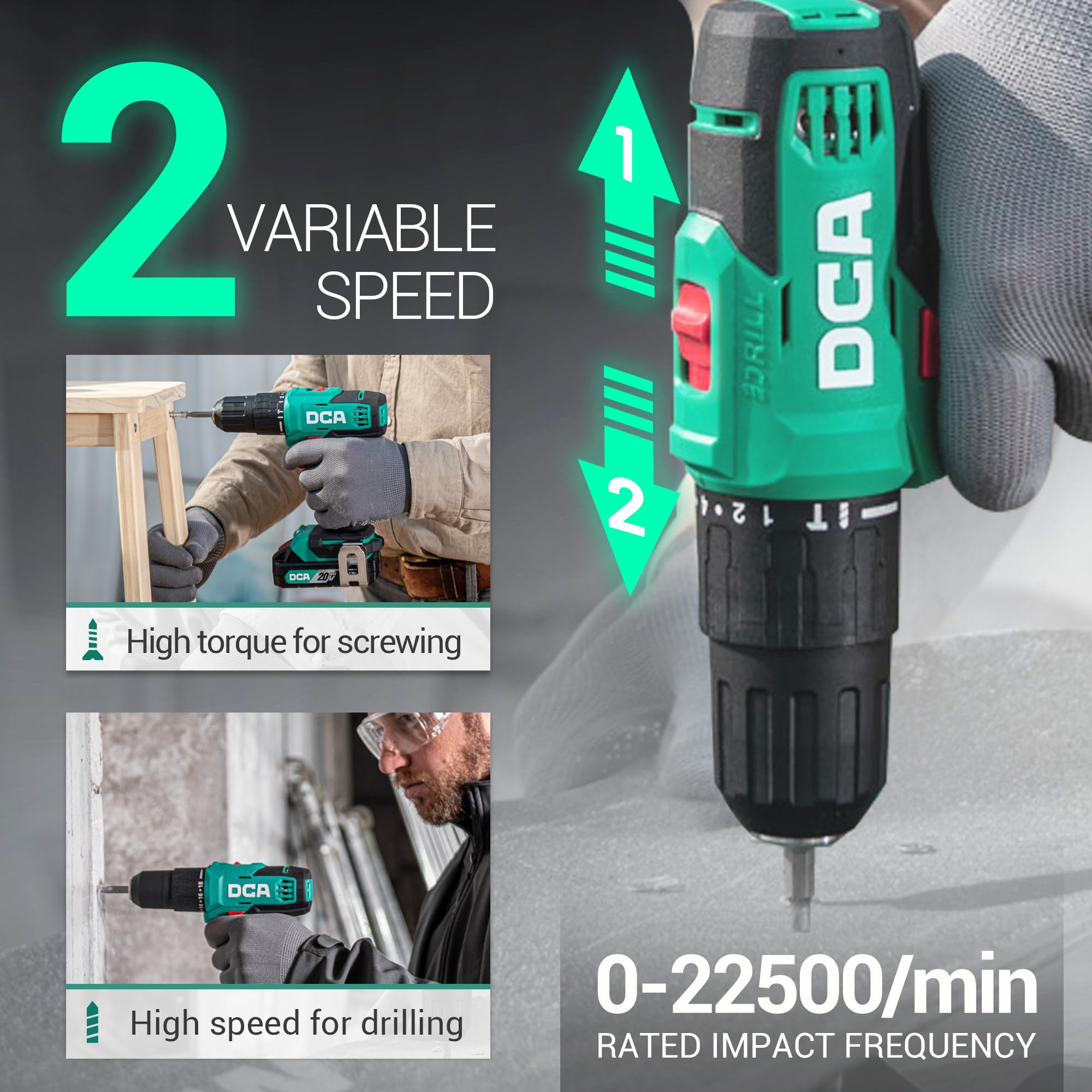 DCA hammer drill showing two variable speed settings and rated impact frequency