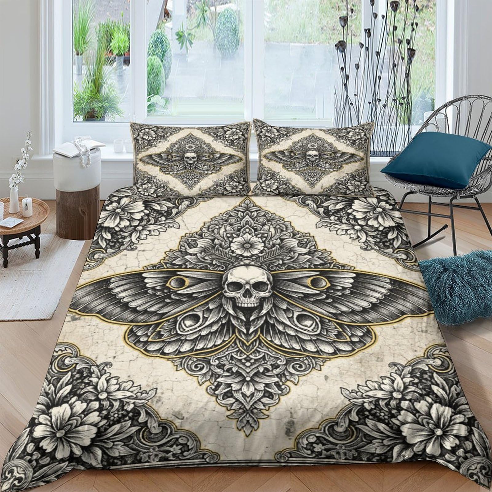 Unrxjzlvm Style-4 Gothic Skull Bedding Set Microfiber Duvet Teens Room