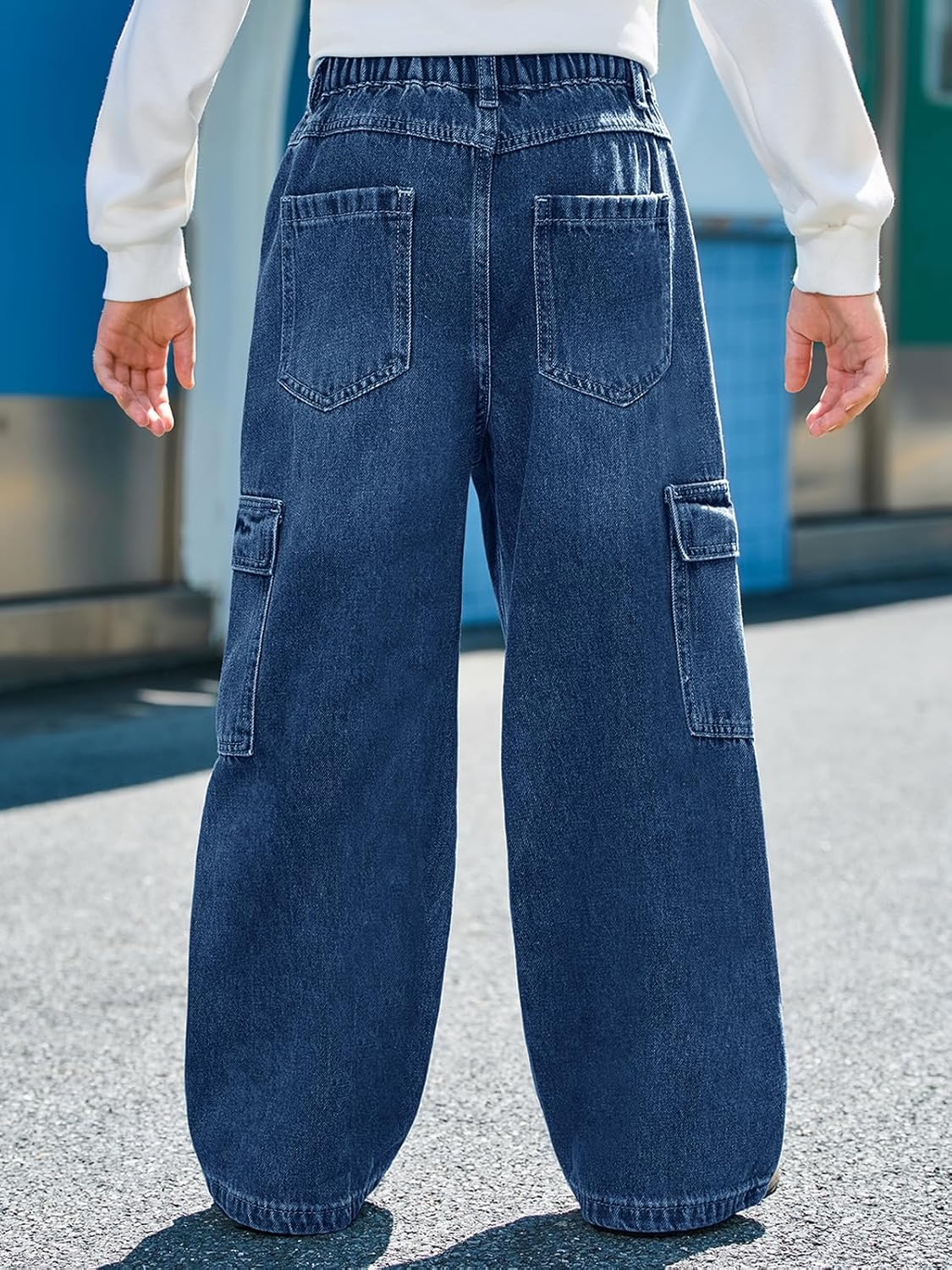 Haloumoning Boys Cargo Jeans Kids Baggy Elastic Waist Wide Leg Denim Pants with Pockets 5-14 Years - Image 4