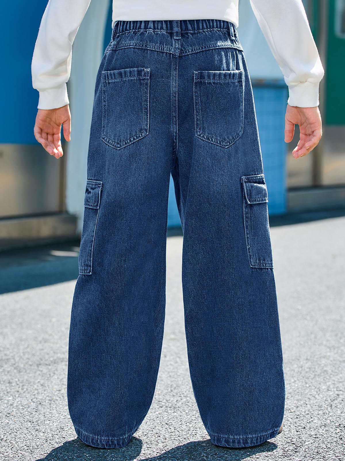 Haloumoning Jeans cargo per bambini larghi con elastico in vita pantaloni in denim a gamba larga con tasche 5-14 anni
