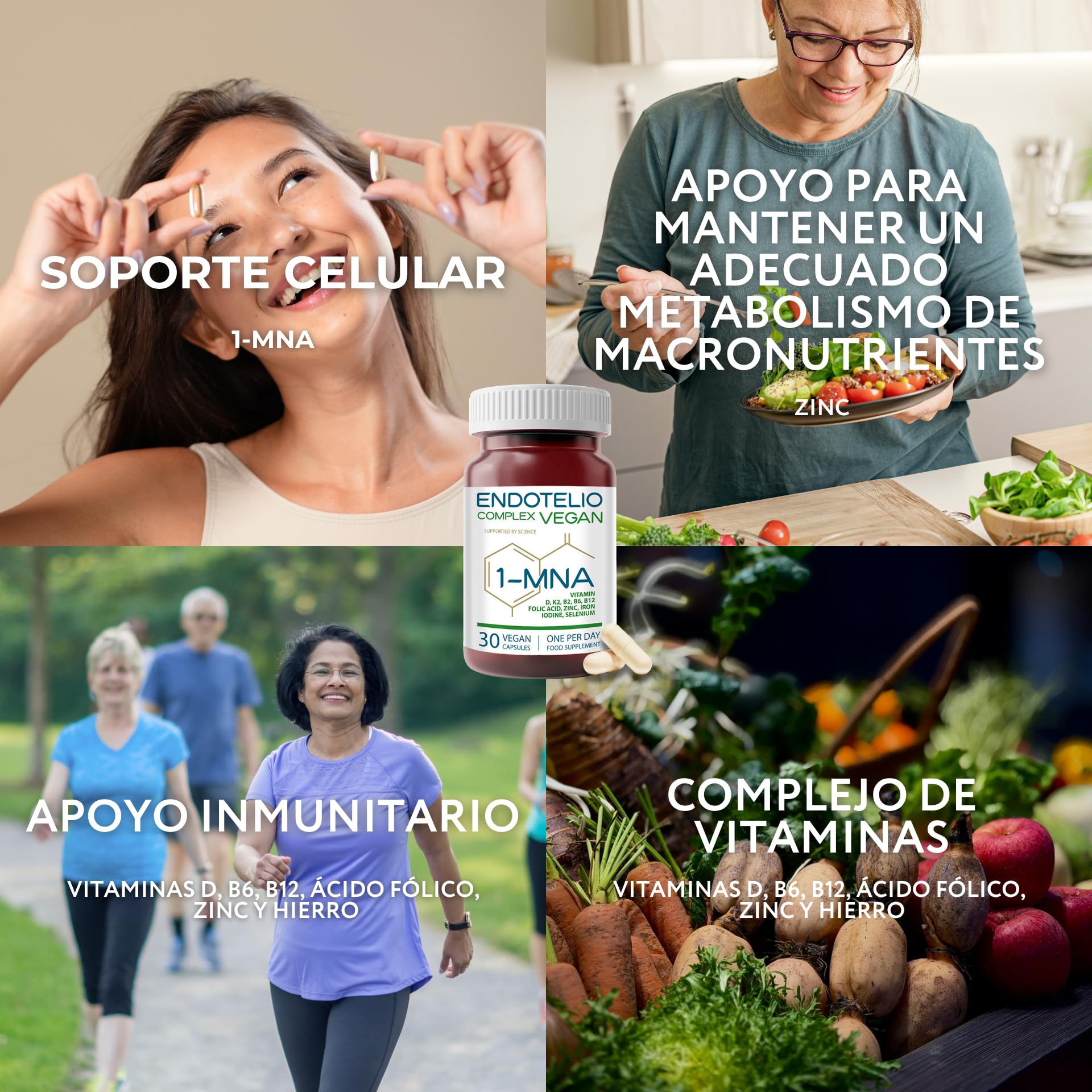 Vegan 1-MNA, NAD+ Optimizador, Antiedad, Vitaminas y Minerales para Mujeres y Hombres con D3, K2, B2, B6, B12, Ácido Fólico, Zinc, Hierro, Yodo, Selenio, Cansancio y la Fatiga, 30 Cápsulas