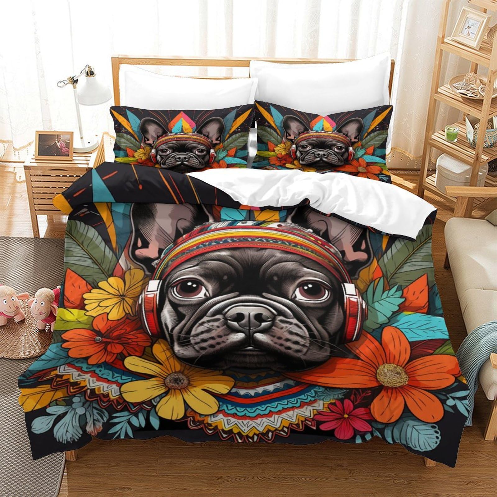 Housse de couette 3D bouledogue français pour chambre enfant
