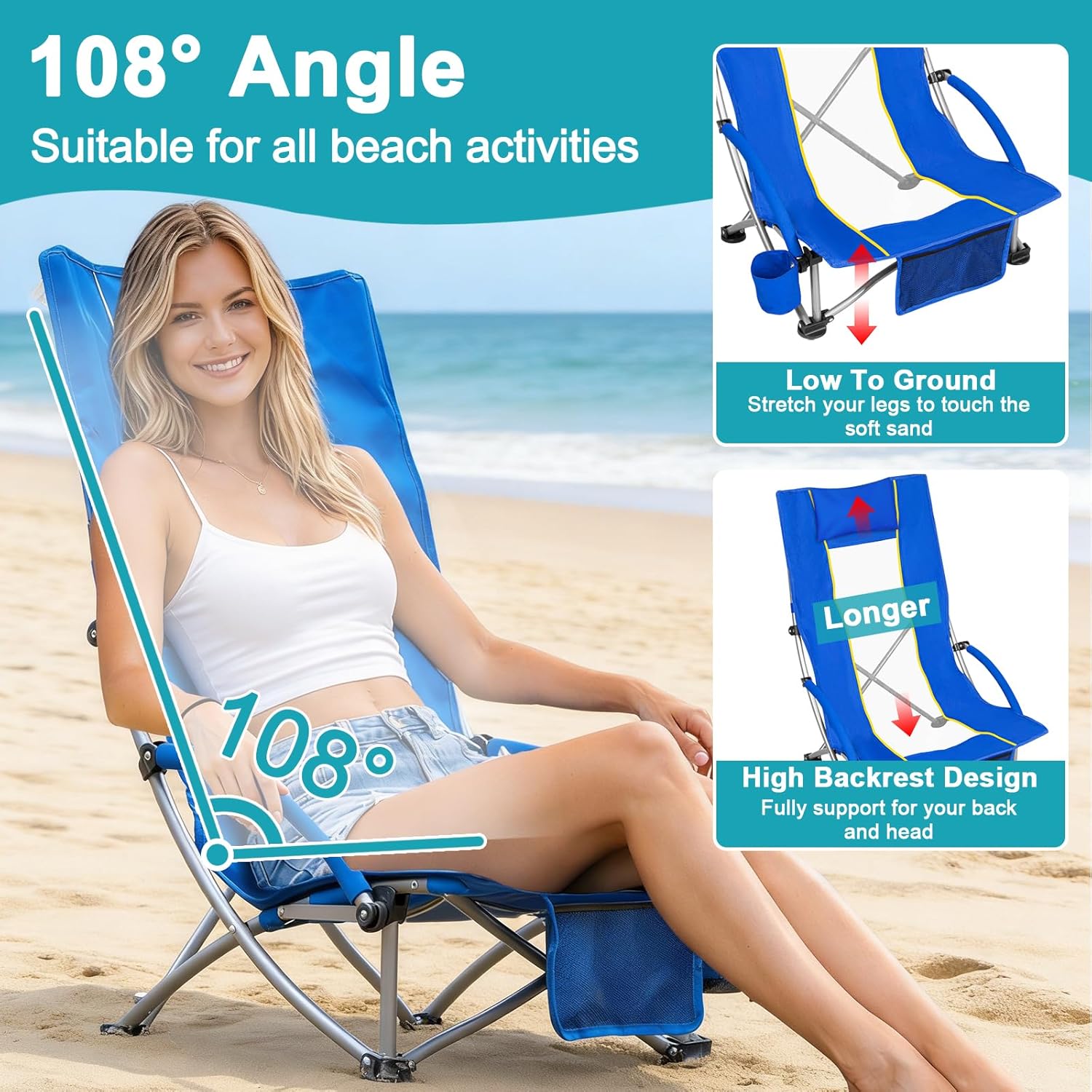 Romswi Compact High Back Beach Chair, Lightweight Low Seat Travel Chair, Beach Chair Fits in Suitcase, 300lbs Heavy Duty Folding Camping Chair with Cup Holder & Pocket, Blue