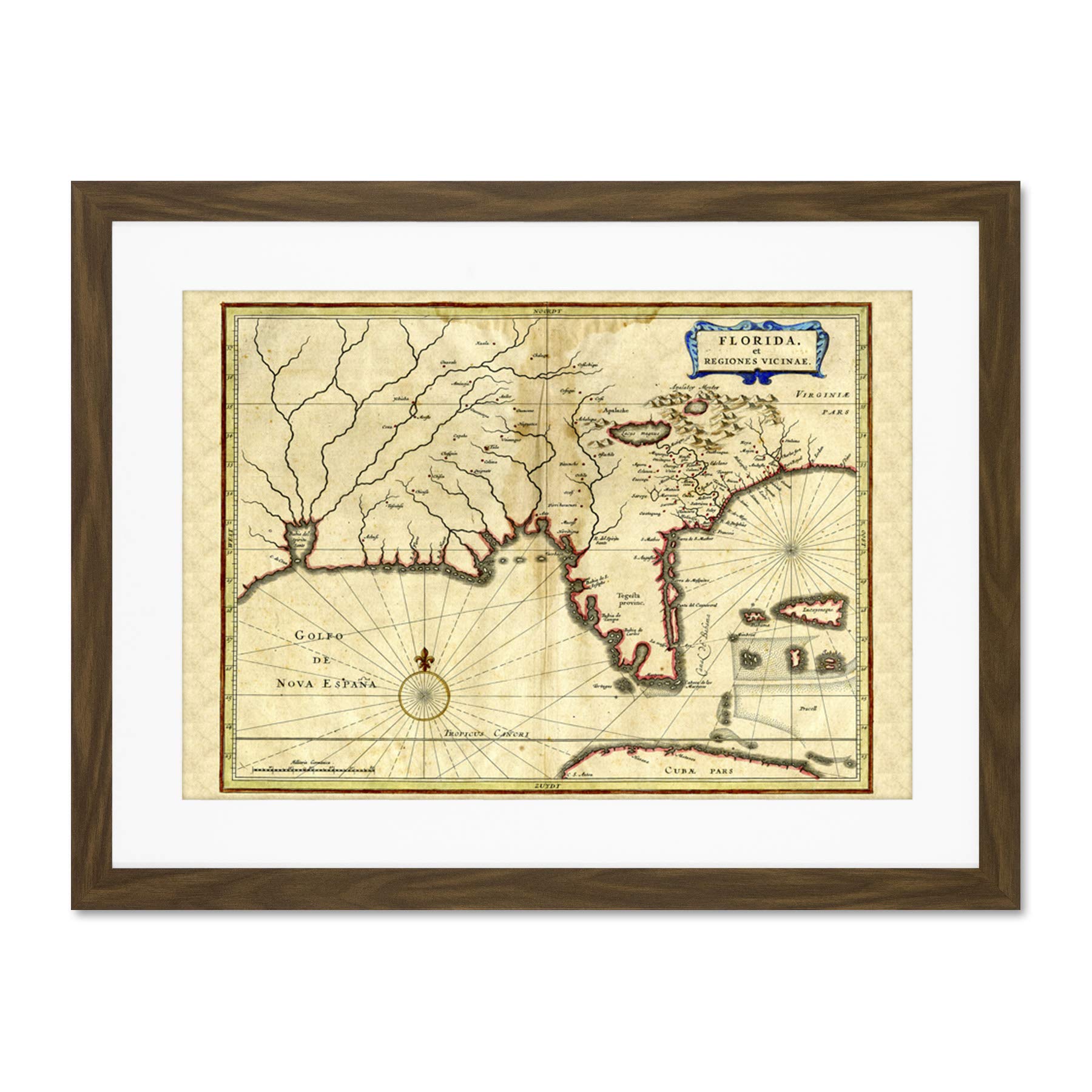 Florida Old Antique Map Large Brown Framed Art Print Wall Poster 18x24 inch
