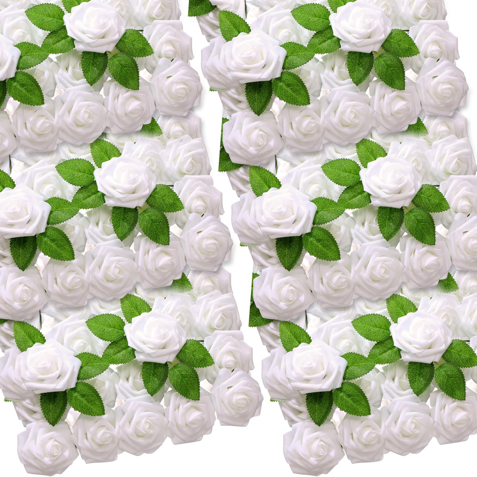 Zeyuneb Artificial Roses Flower Including 150 Pcs Foam Rose with Stem  Fake Leaves for Wedding Bouquets Centerpieces Bridal DIY Craft Party Home Arrangement Decoration (White)