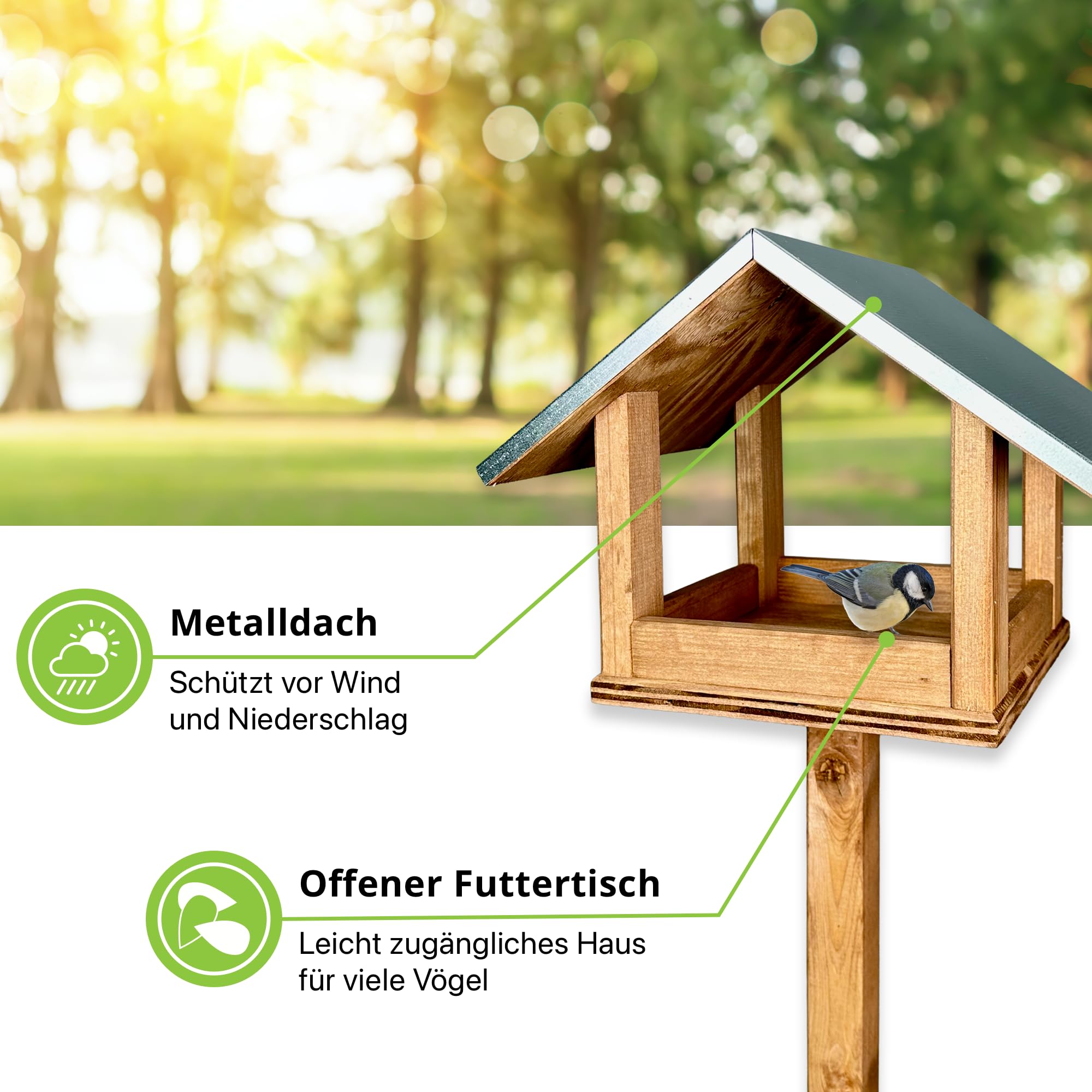 GARTENETAGE Selbststehendes Vogelhaus mit Metalldach – Wetterfestes Futterhaus aus Kiefernholz für Wildvögel, Garten, kleine und mittlere Vögel, leicht zu reinigen, robust & langlebig