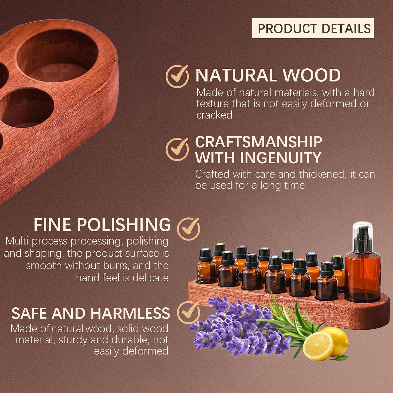 Wooden Essential Oil Holder with 13 Holes (3cmx12 & 5cmx1), Retro Desktop Display Rack for Bathroom Vanity Desk Organizer image 4