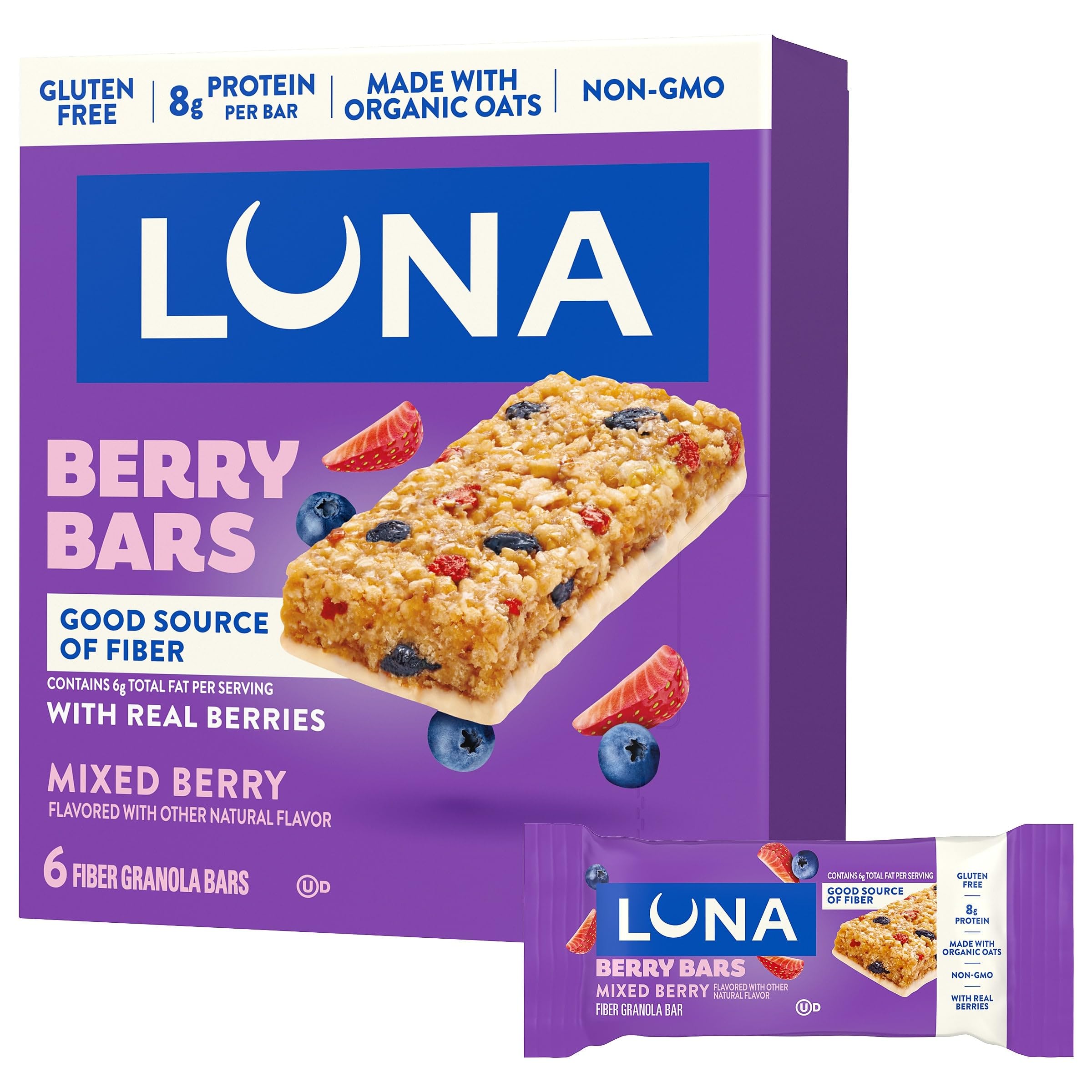 LUNA Berry Bars Mixed Berry, Fiber Granola Bars, Gluten Free, 6ct