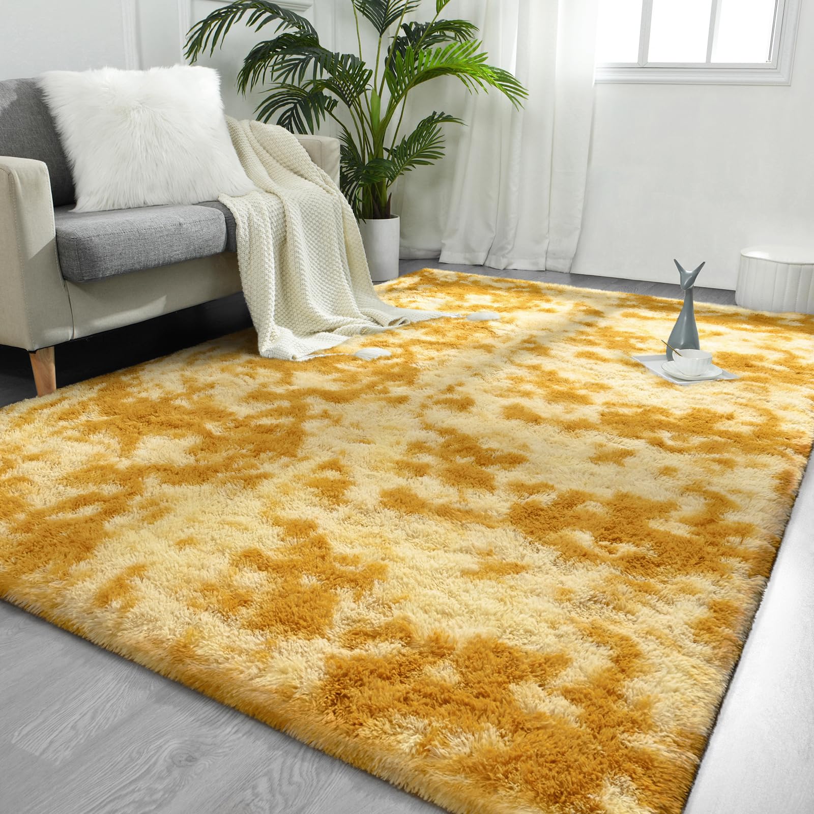 FlyDOIT Large Area Rugs for Living Room, 4x6 Feet Tie-Dyed Orange Shaggy Rug Fluffy Throw Carpets, Ultra Soft Plush Modern Indoor Fuzzy Rugs for Bedroom Girls Kids Nursery Room Dorm Home Decor