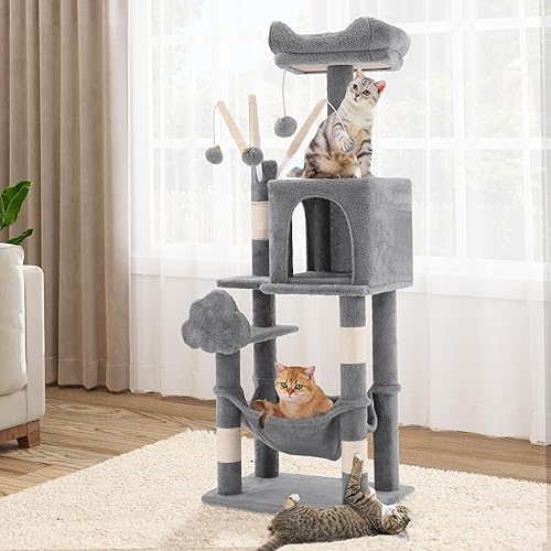 YITAHOME 44in Multi-Level Cat Tree for Indoor Kittens, Cat Furniture with Scratch Posts, Window Padded Plush Perch, Comfortable Hammock, and Interactive Pompoms, Light Gray