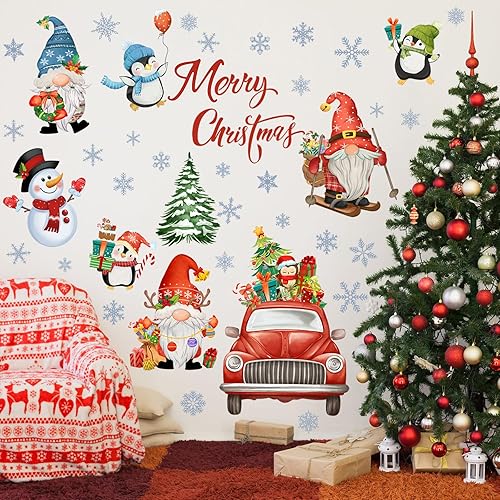 Kajaia Calcomanías de pared de gnomo rojo de Navidad, árboles de Navidad, muñeco de nieve, invierno, pingüino, calcomanías de pared para Navidad,
