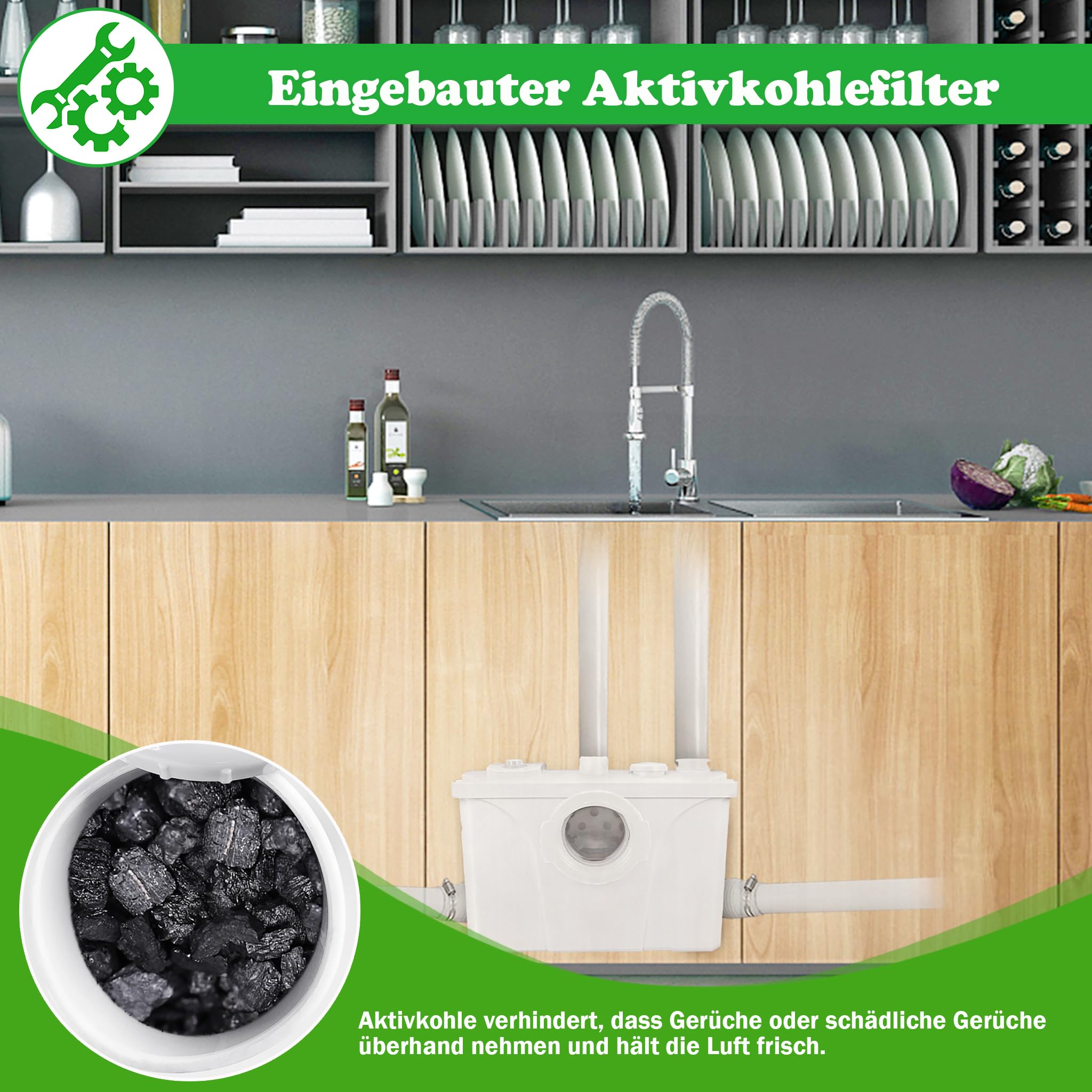 SUBTLETY 700 W system podnoszenia brudnej wody fekaliów z filtrem węglowym i ostrzami ze stali nierdzewnej, pompa do brudnej wody, 180 l/min, wbudowany filtr z węglem aktywnym, mały podnośnik do WC,