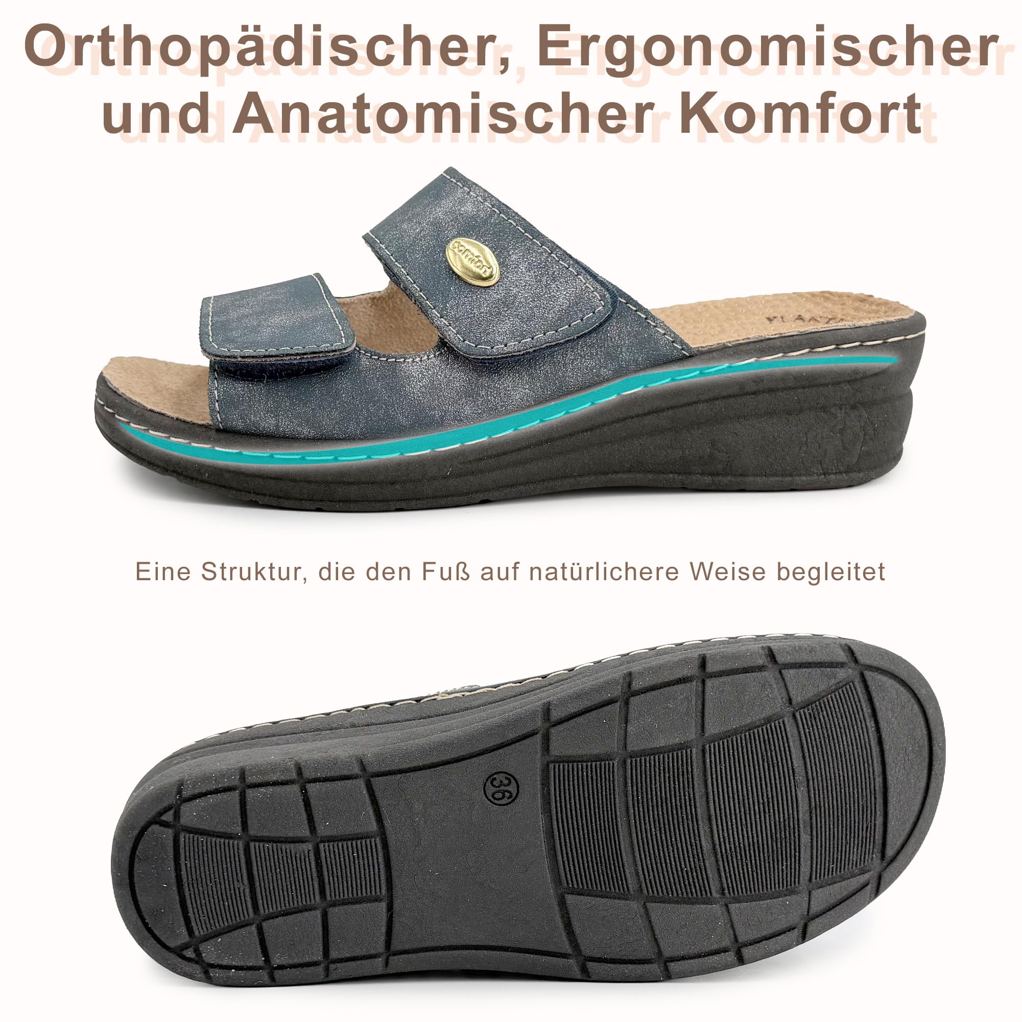 JOMIX Damen Pantoletten Orthopädische mit Klettverschluss Sommer Hausschuhe Anatomisch Ergonomisch Herausnehmbares Lederfußbett Verstellbar Bequemer Keilabsatz für ältere Damen