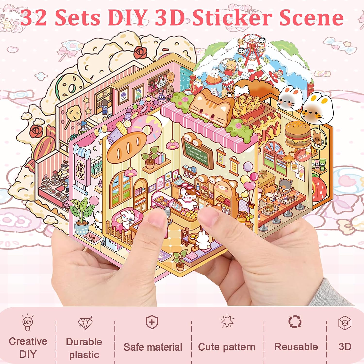 32 Sets 3D Sticker Scene, Sticker Therapy DIY, Build Your Own Scene Stickers Collection Cozy Room Cute House Shop, Kawaii 3D Miniature House for Adults Relief Stress and Pass the Time