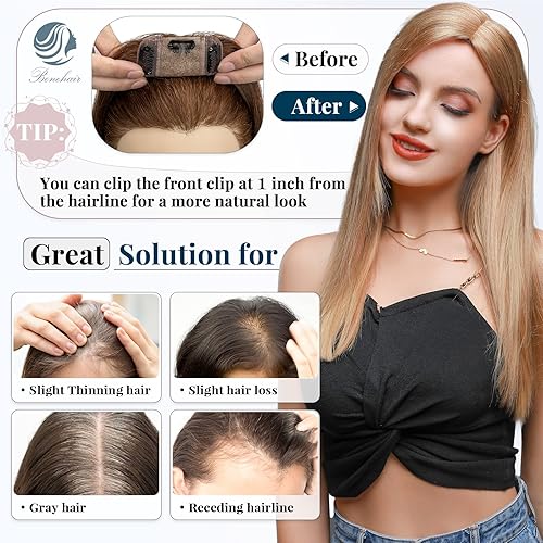 Miniatura 7 de Benehair Extensiones de cabello humano Remy con clip en la parte superior para mujeres con cabello delgado, con base de seda, extensiones de cabello