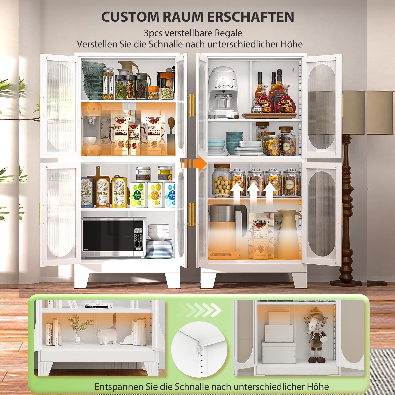 155㎝ H Metallküche Speisekammer Aufbewahrungsschrank, freistehender Schrank mit 4 Acrylglastüren und 2 verstellbaren Regalen, stehende Aufbewahrung für Küche, Bad, Garage oder Esszimmer (Weiß)