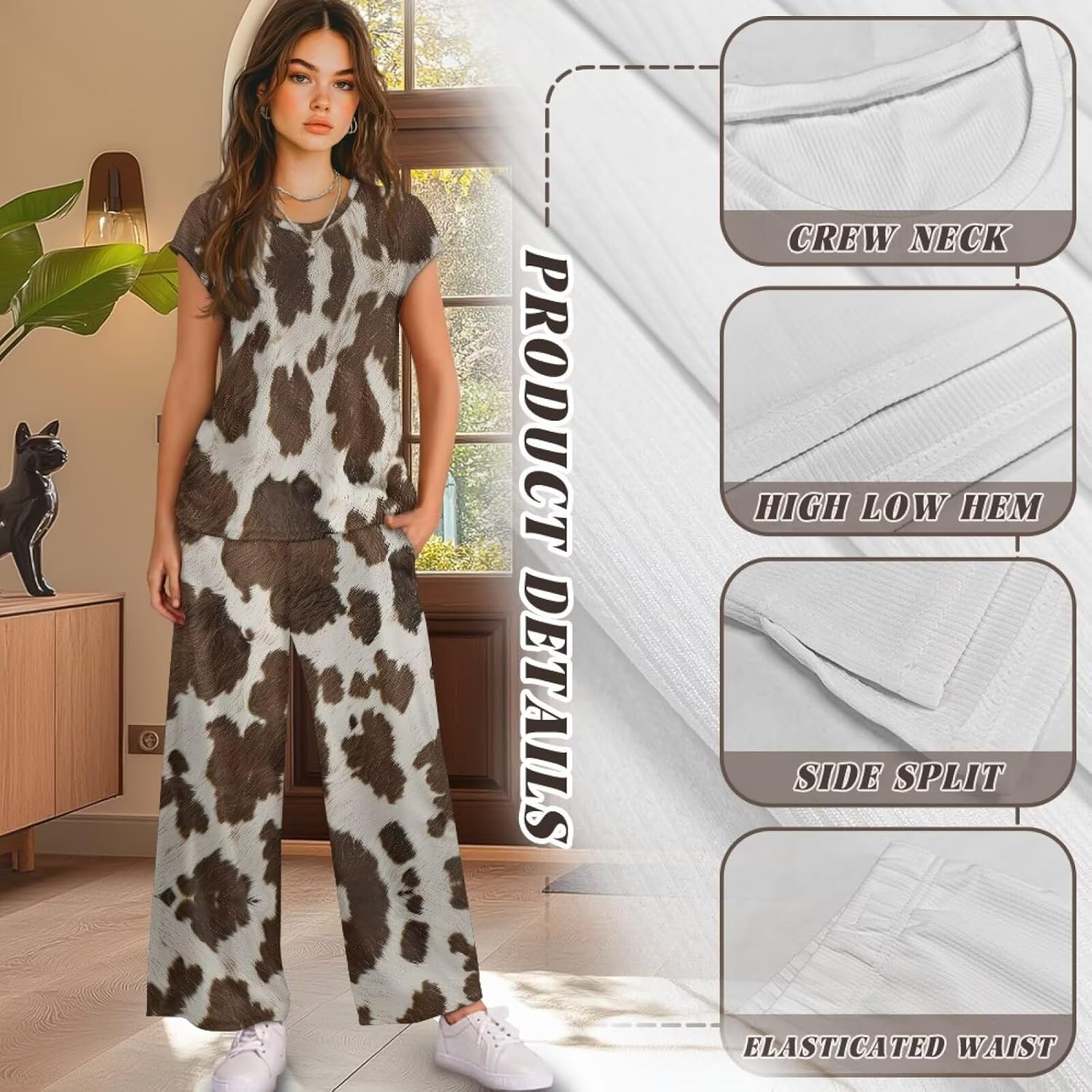 Womens 2 Piece Outfits Sets Trendy Short Sleeve Shirts and Wide Leg Pants with Pockets - Image 7