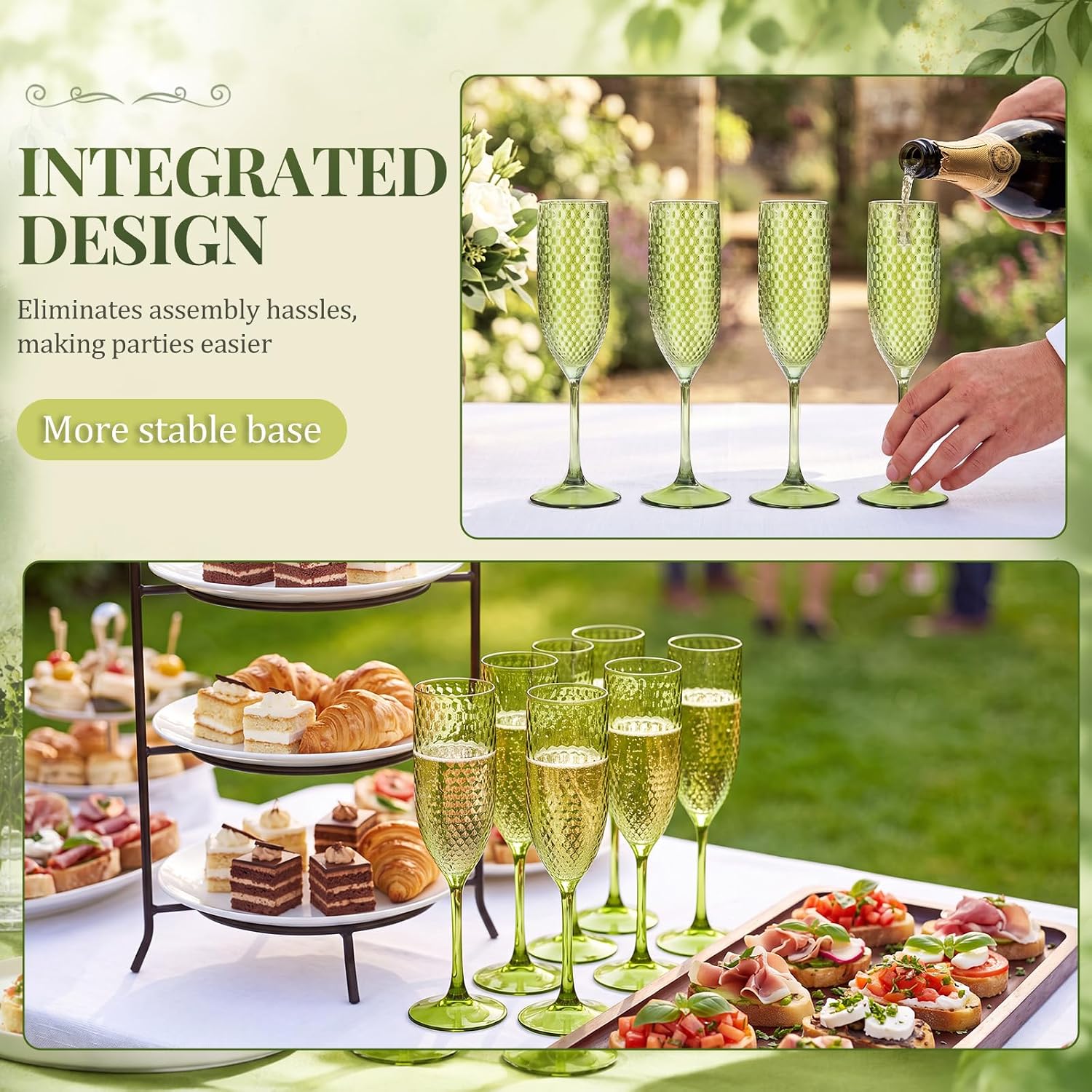 Sliner 48 Pack Green Plastic Champagne Flutes, 5.9oz Reusable for Weddings