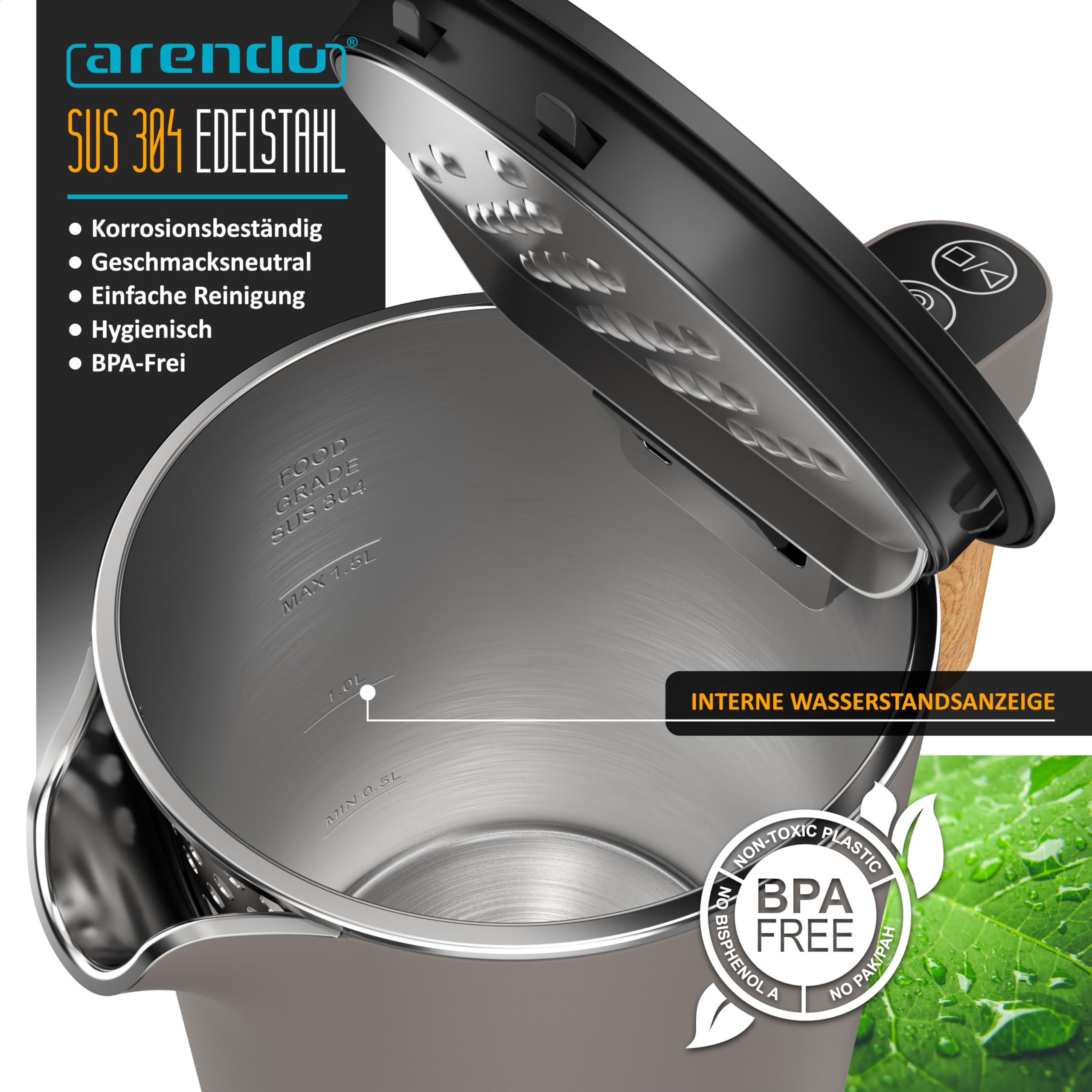 Arendo - Wasserkocher Edelstahl mit Temperatureinstellung - 45°C-100°C - 1.5 Liter - Doppelwand - BPA frei - Warmhaltefunktion - Teekocher mit Temperaturanzeige - Griff Cool Touch - Taupe