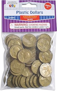 LEARNING ADVANTAGE Play Dollars - Set of 50 Plastic Coins - Designed and Sized Like Real US Currency - Teach Money Math With This Pretend Play Resource