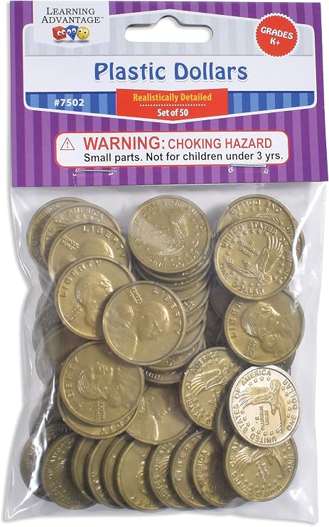 LEARNING ADVANTAGE Play Dollars - Set of 50 Plastic Coins - Designed and Sized Like Real US Currency - Teach Money Math With This Pretend Play Resource