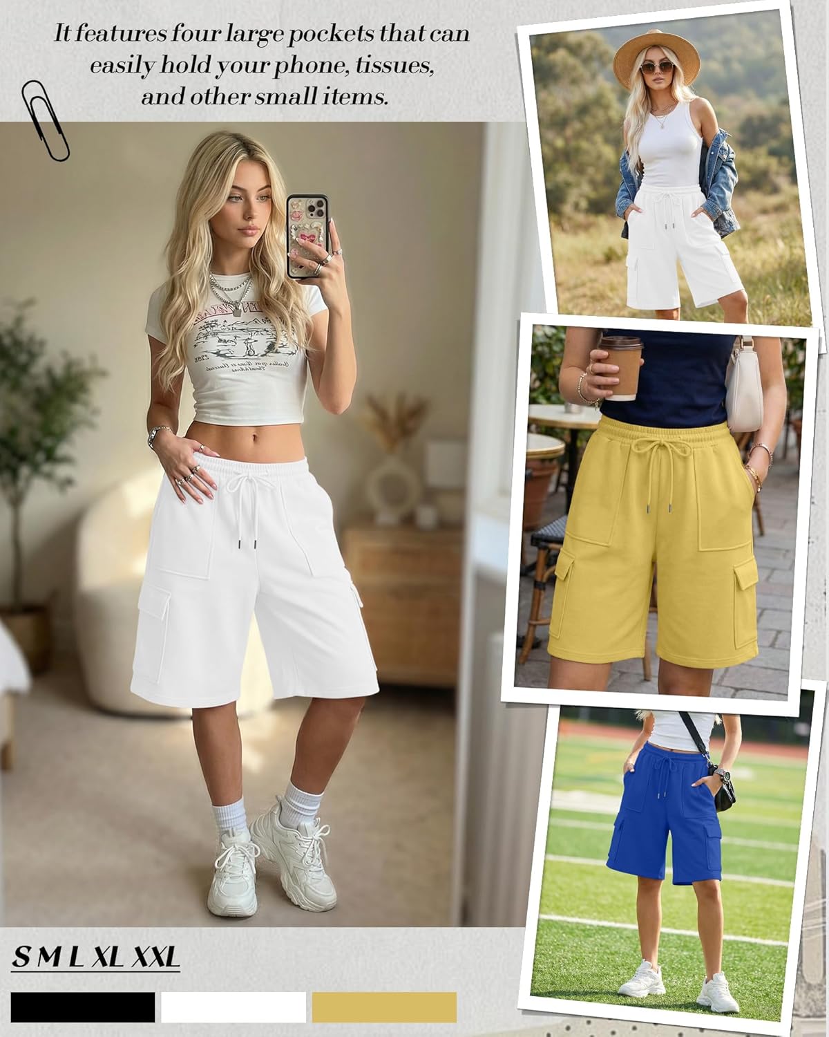 Ficerd 3 Pack Women's Bermuda Shorts Wide Leg Baggy Athletic Cargo SweatShorts Yoga Casual Knee Length Shorts with Pockets