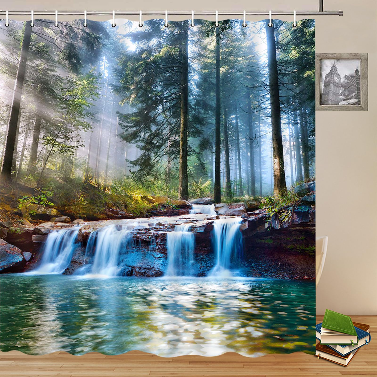 Yadshoti Waterfalls Shower Curtains Outdoor Natural Scenery Forest Sunshine Tree Plant Landscape Courtyard Bathroom Decor Polyester Fabric Curtain Set